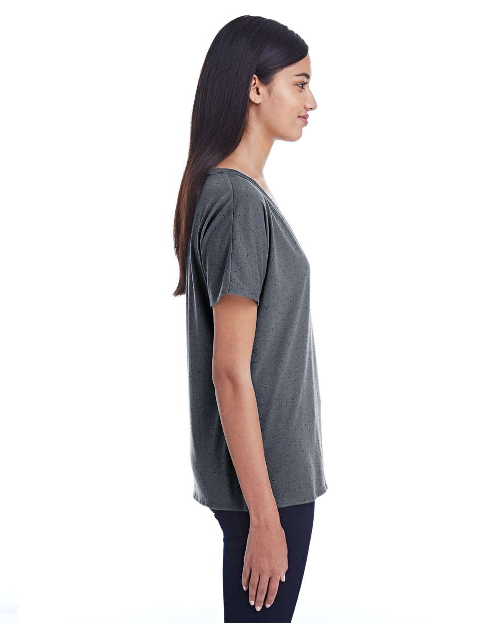 Women's Tri-Blend Fleck V-Neck T-Shirt - OnModelSide - B864E0096 - Charcoal Fleck