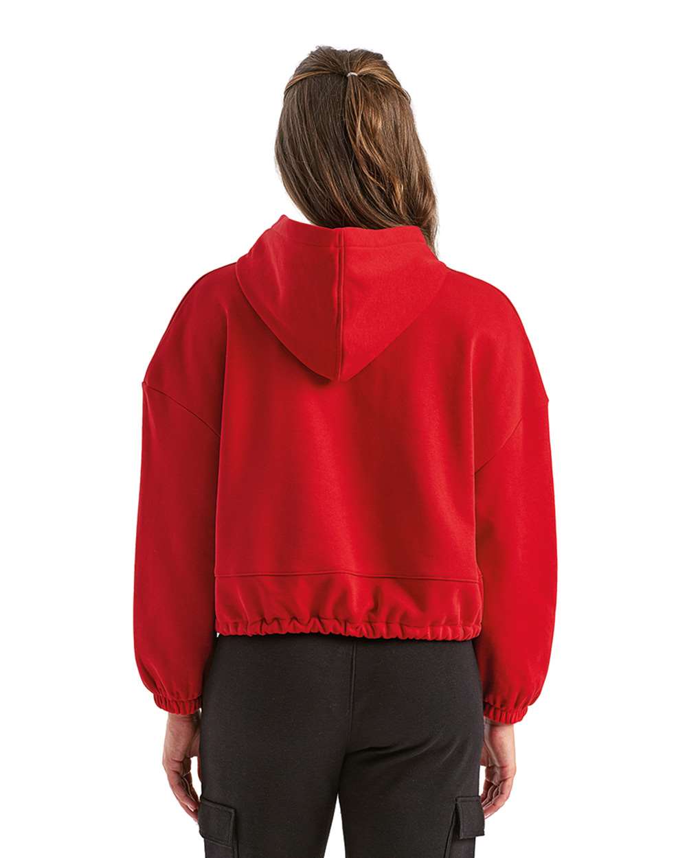 Women's Cropped Maria Hooded Sweatshirt - OnModelBack - B855A2702 - Fire Red