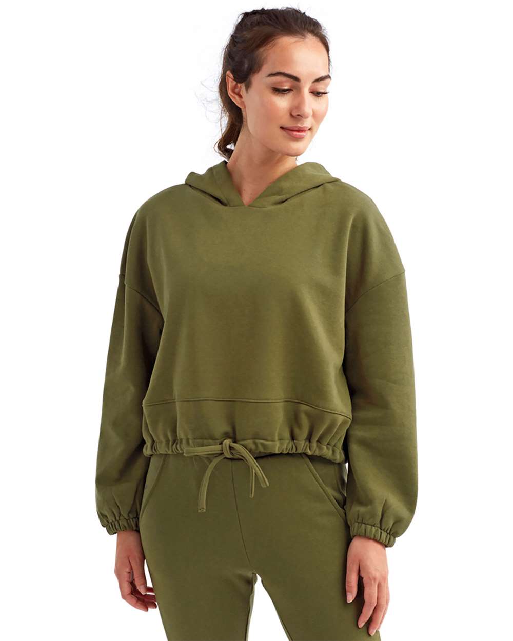 Women's Cropped Maria Hooded Sweatshirt - OnModelFront - B855A2542 - Olive