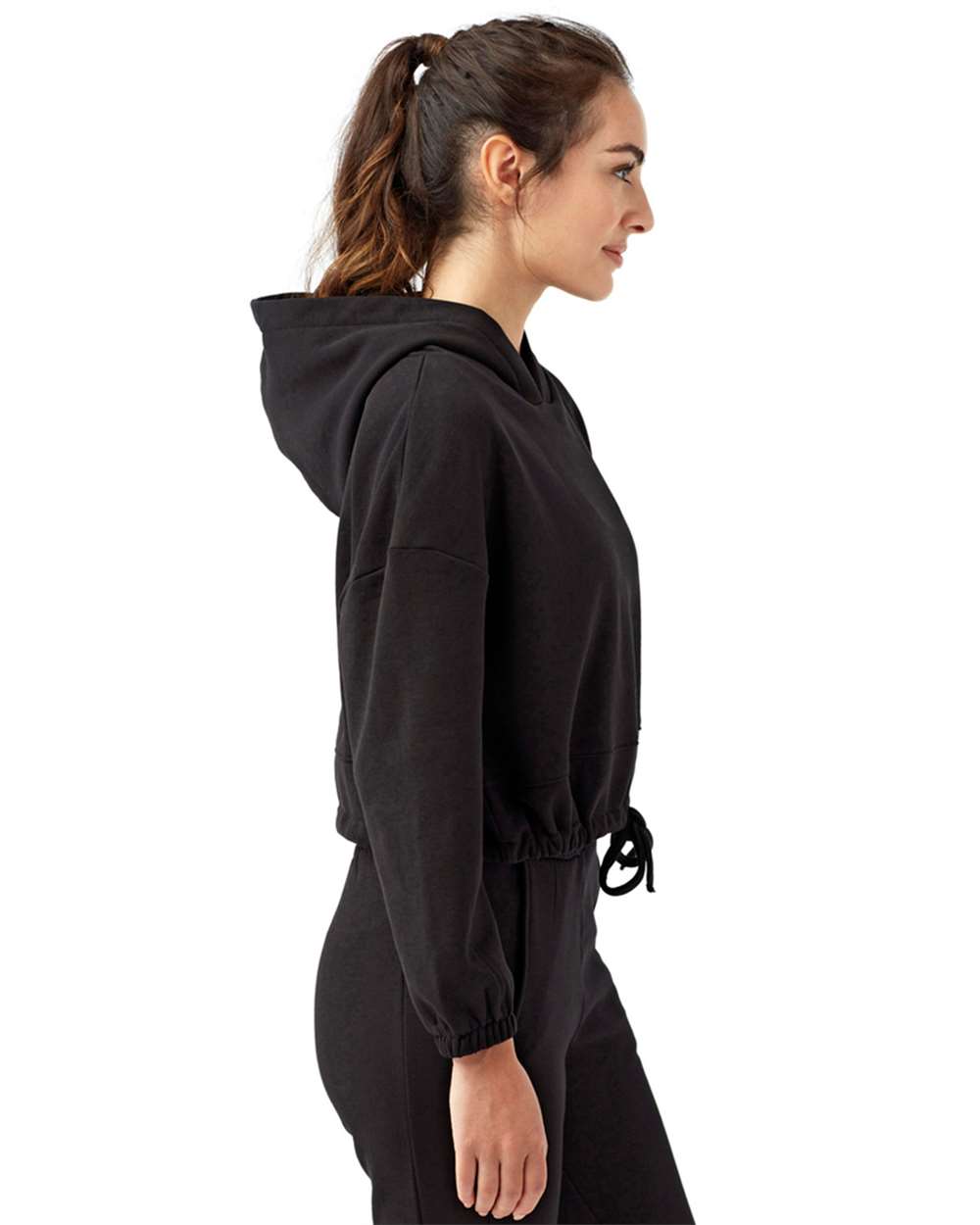 Women's Cropped Maria Hooded Sweatshirt - OnModelSide - B855A2502 - Black