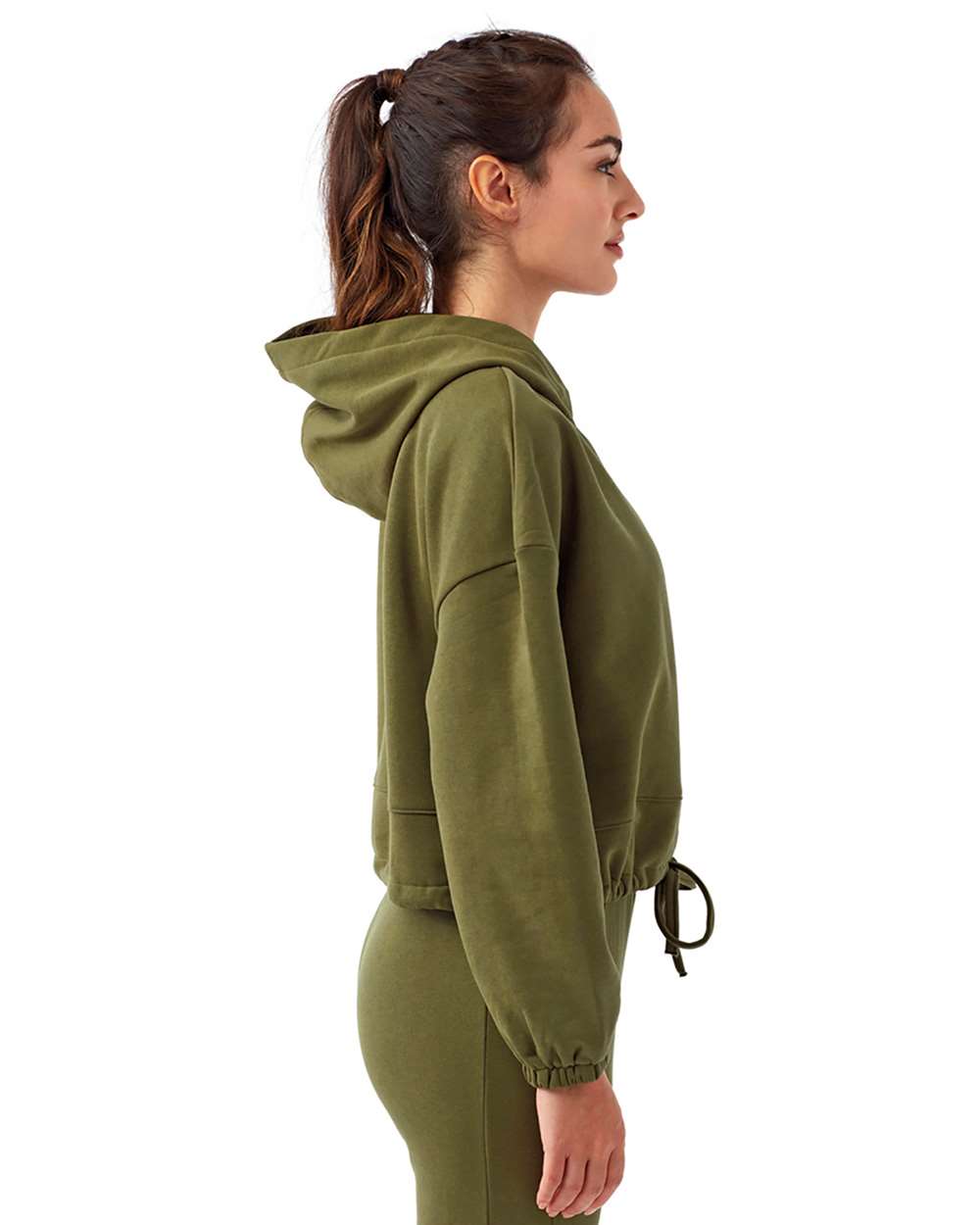 Women's Cropped Maria Hooded Sweatshirt - OnModelSide - B855A2542 - Olive