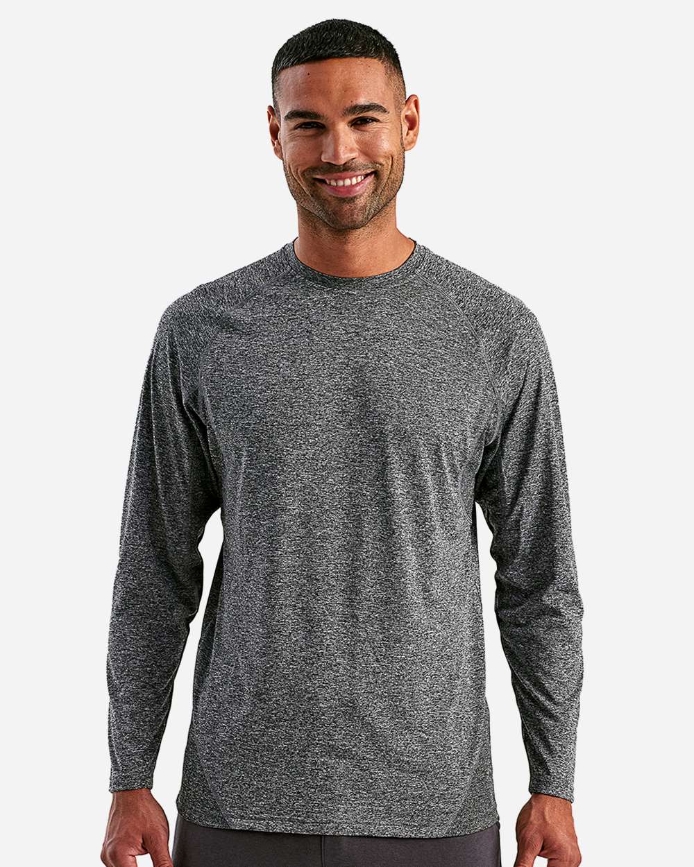 Unisex Panelled Long Sleeve Tech T-Shirt - OnModelFront - B850A2582 - Black Melange