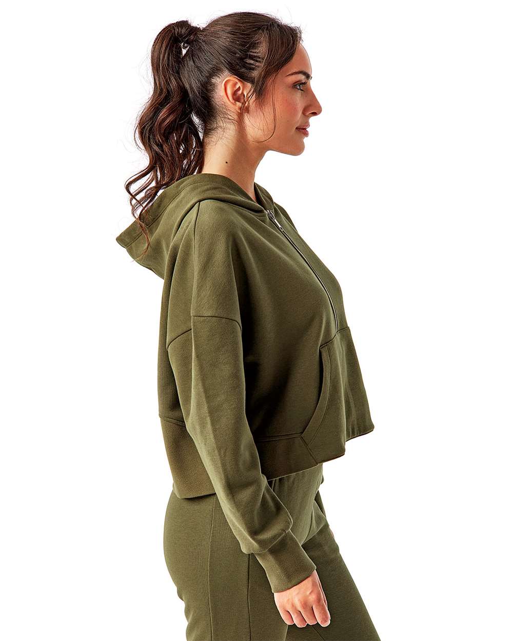 Women's Alice Half-Zip Hooded Sweatshirt - OnModelSide - B854A2542 - Olive