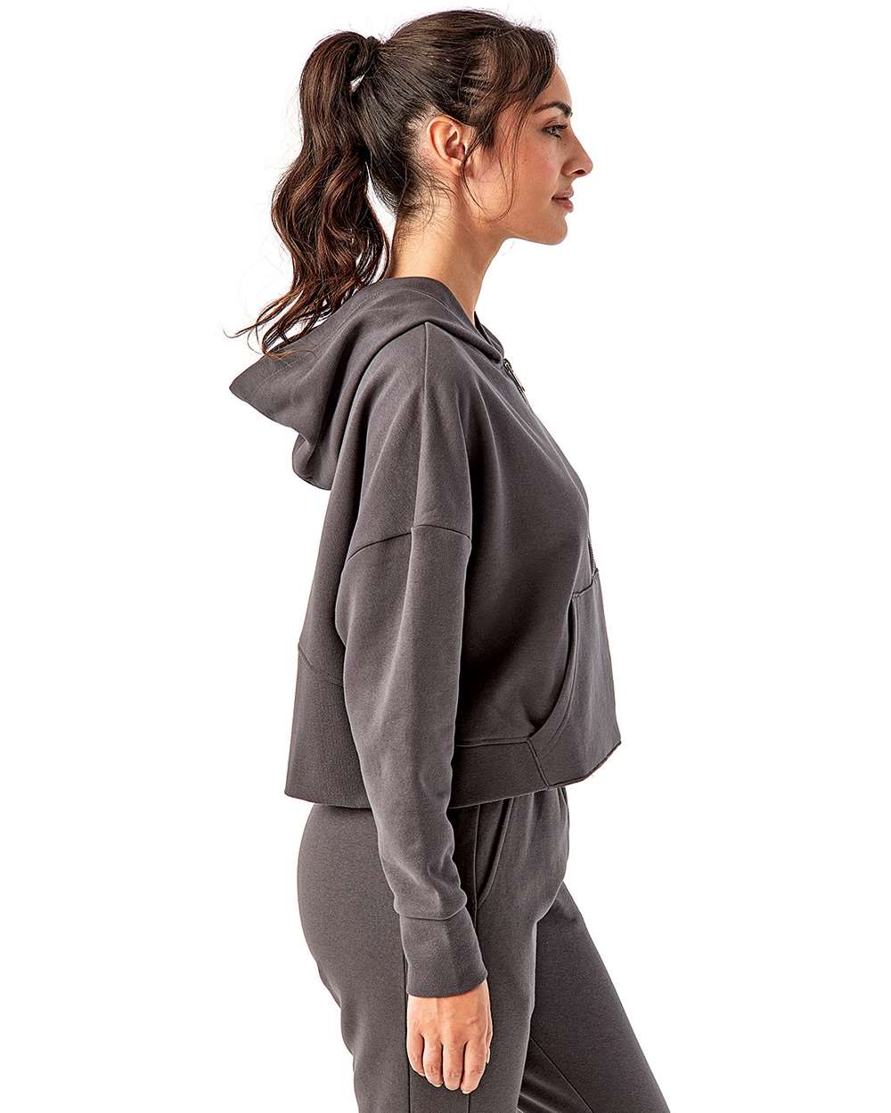Women's Alice Half-Zip Hooded Sweatshirt - OnModelSide - B854A2582 - Charcoal