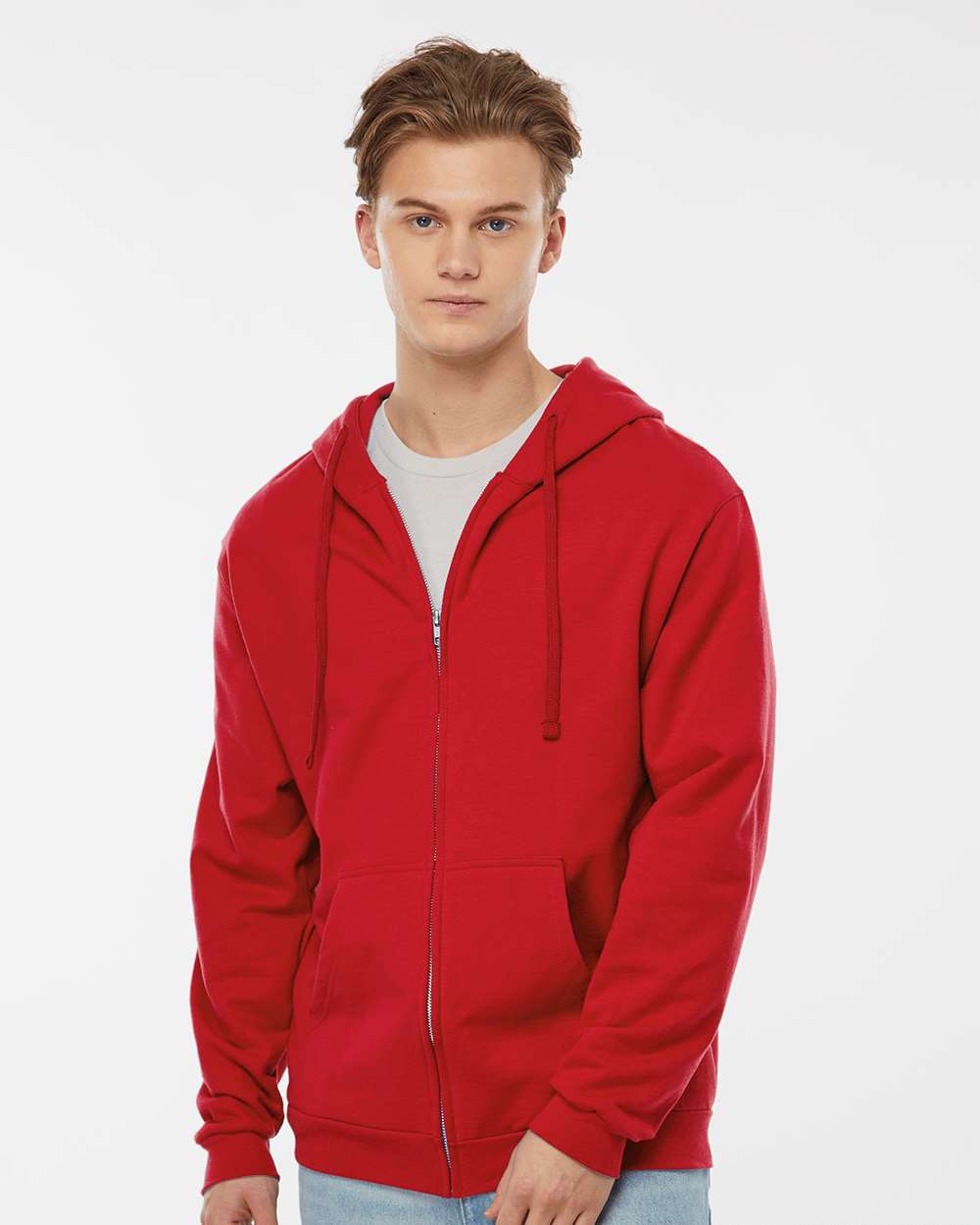 Unisex Full-Zip Hooded Sweatshirt - OnModelFront - B10359122 - Red
