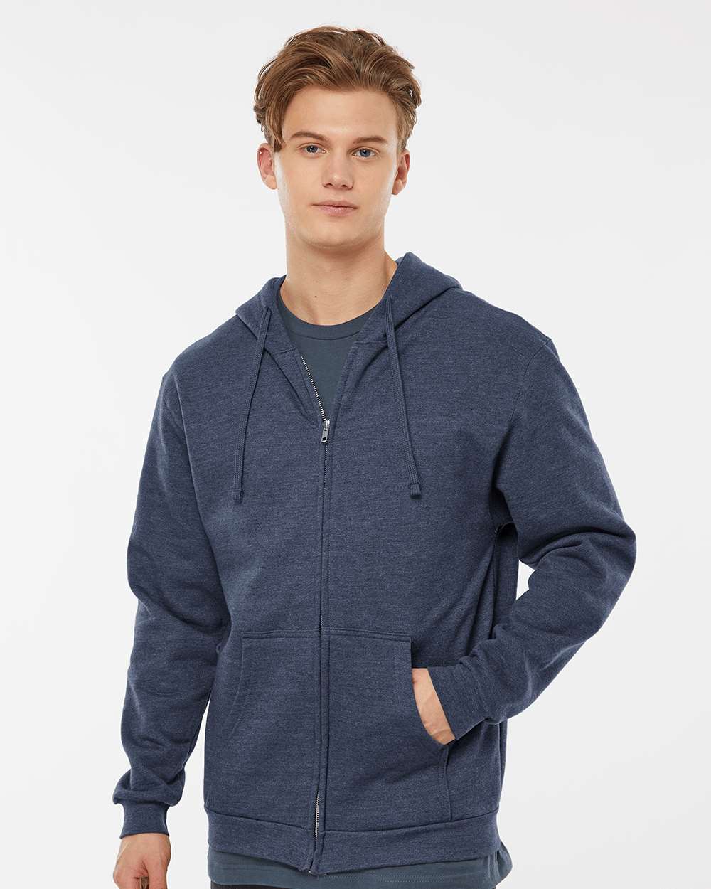 Unisex Full-Zip Hooded Sweatshirt - OnModelFront - B10359252 - Heather Denim