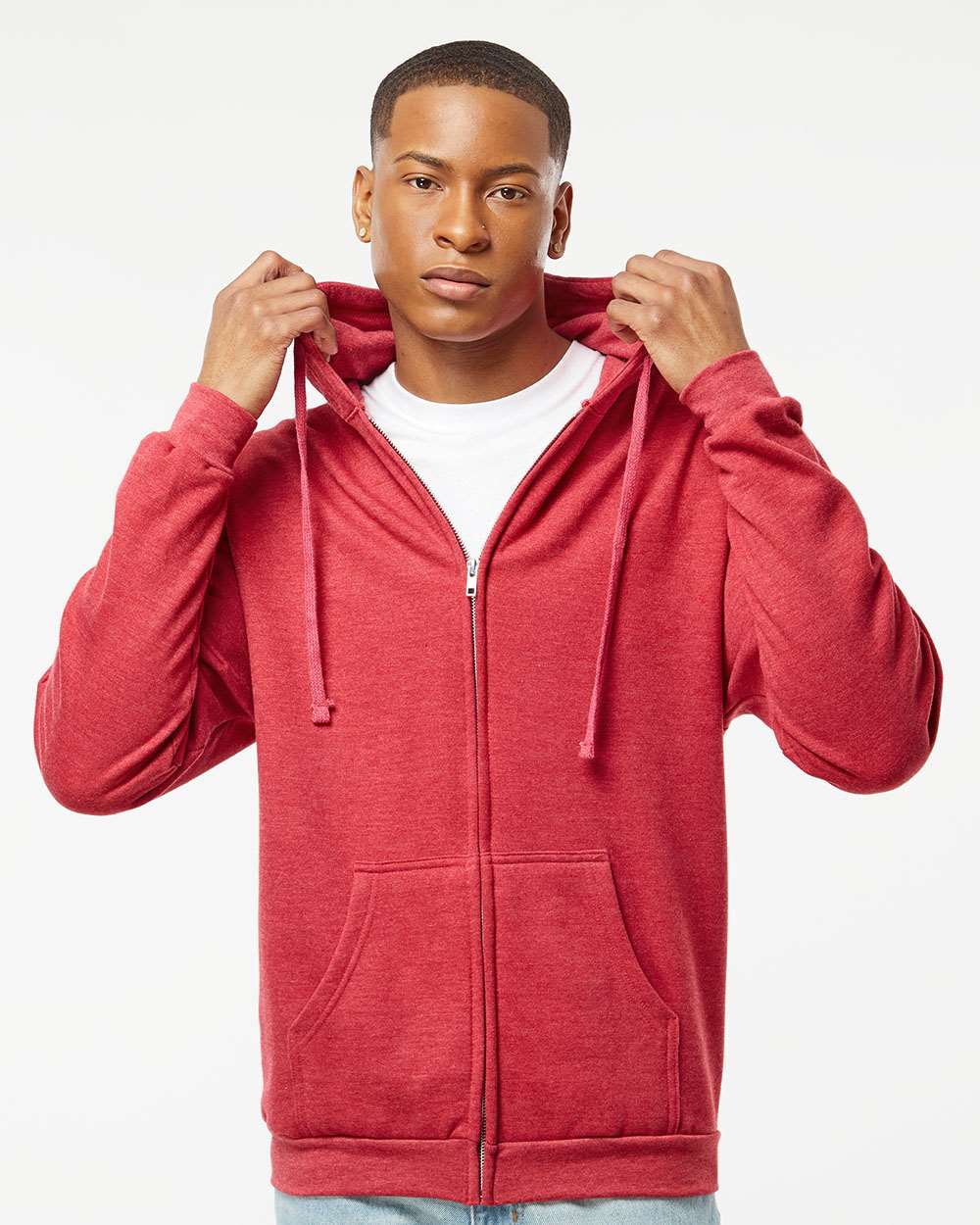 Unisex Full-Zip Hooded Sweatshirt - OnModelFront - B10359702 - Heather Red