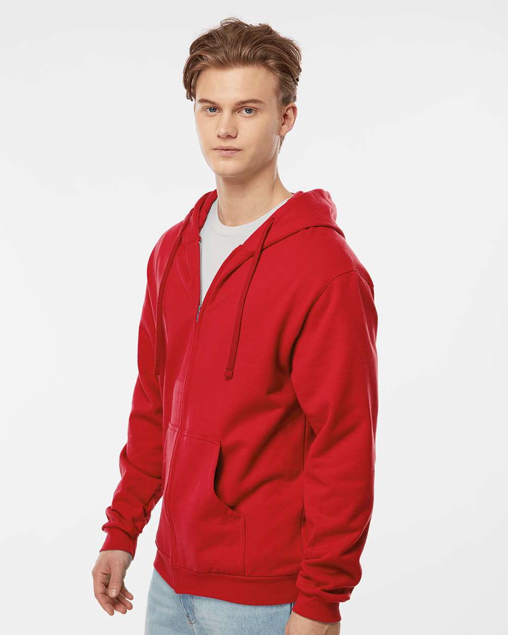 Unisex Full-Zip Hooded Sweatshirt - OnModelSide - B10359122 - Red