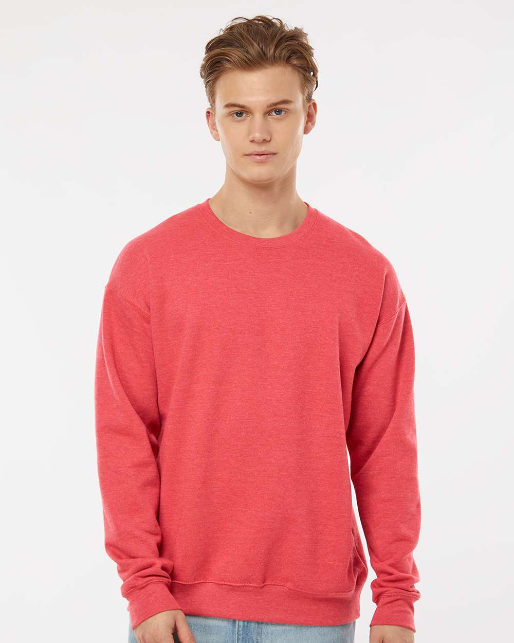 Unisex Fleece Crewneck Sweatshirt - OnModelFront - B10459702 - Heather Red