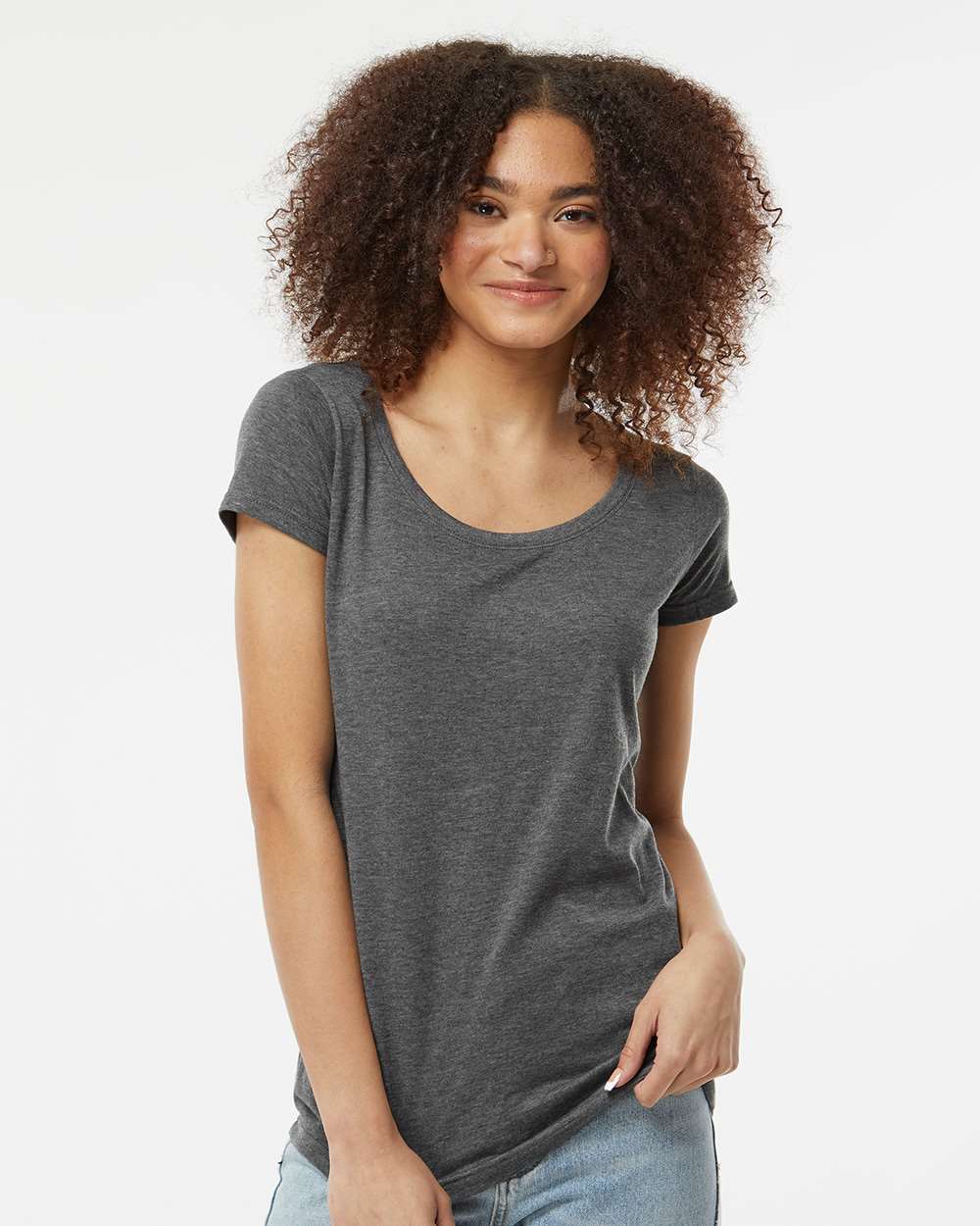 Women's Poly-Rich Scoop Neck T-Shirt - OnModelFront - B30159592 - Heather Charcoal