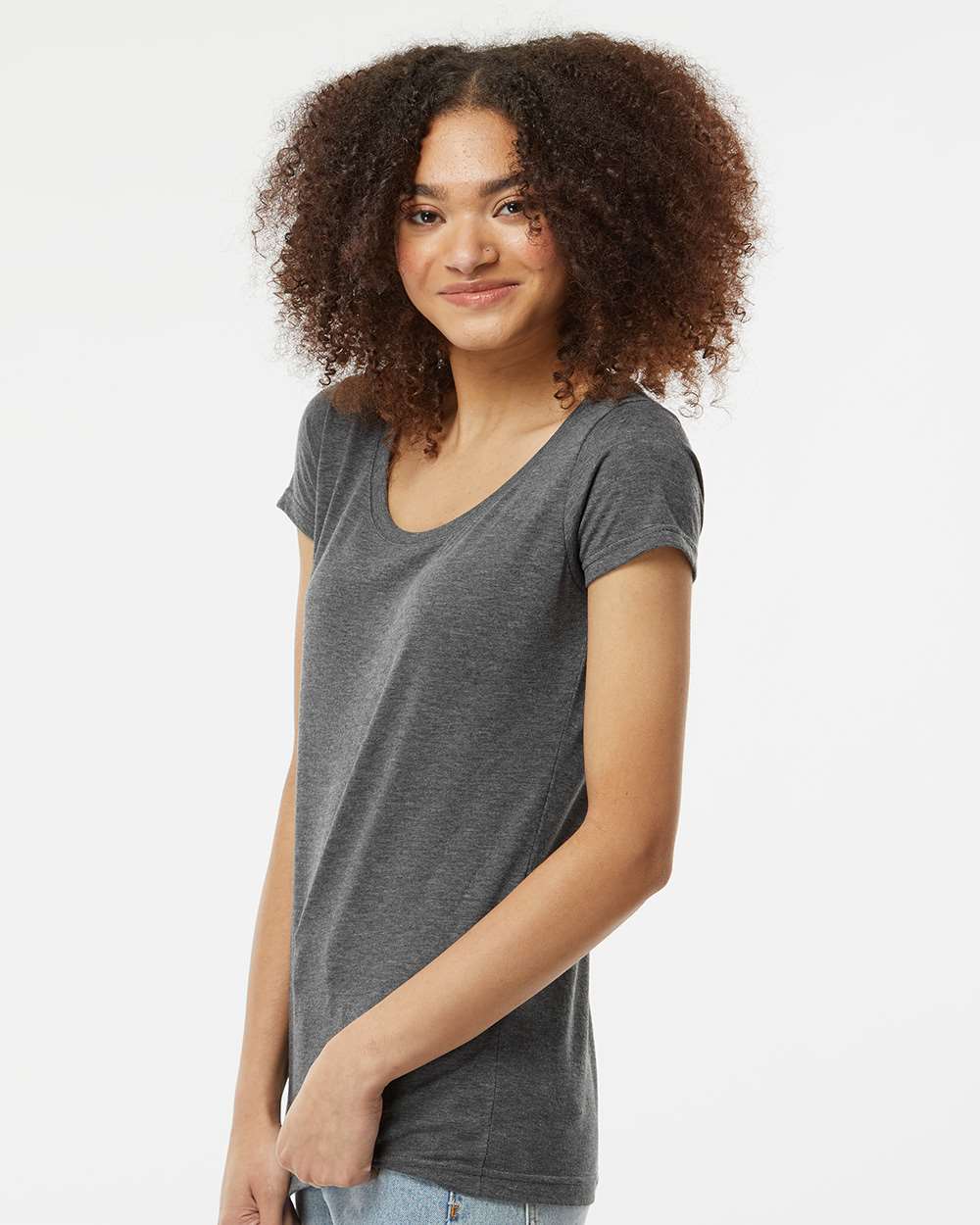 Women's Poly-Rich Scoop Neck T-Shirt - OnModelSide - B30159592 - Heather Charcoal
