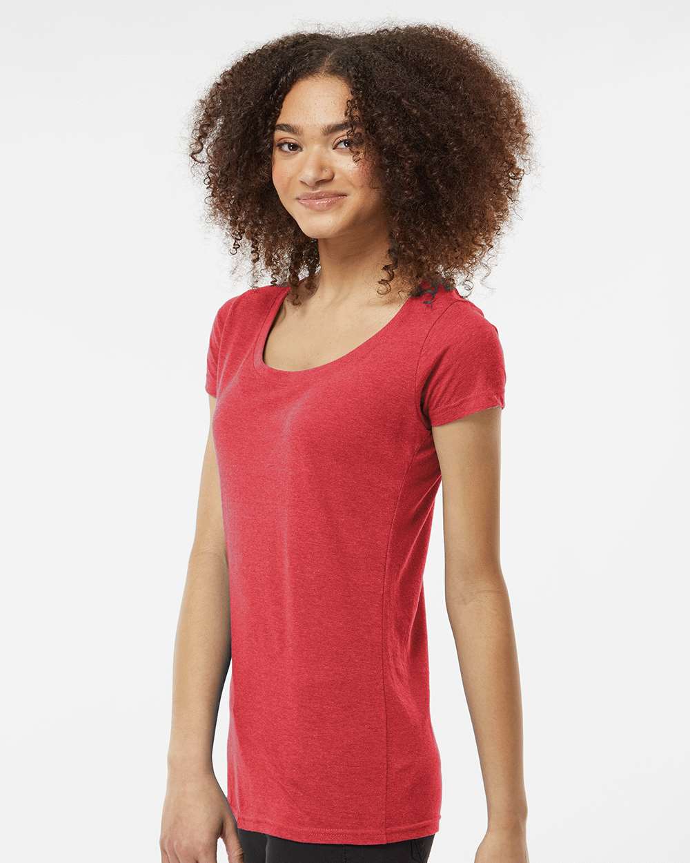 Women's Poly-Rich Scoop Neck T-Shirt - OnModelSide - B30159702 - Heather Red