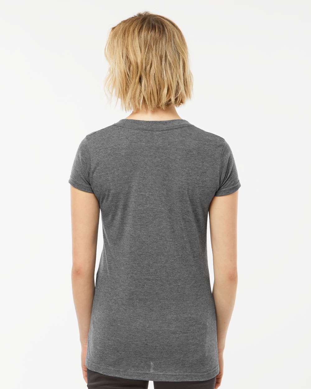 Women's Poly-Rich V-Neck T-Shirt - OnModelBack - B30259592 - Heather Charcoal