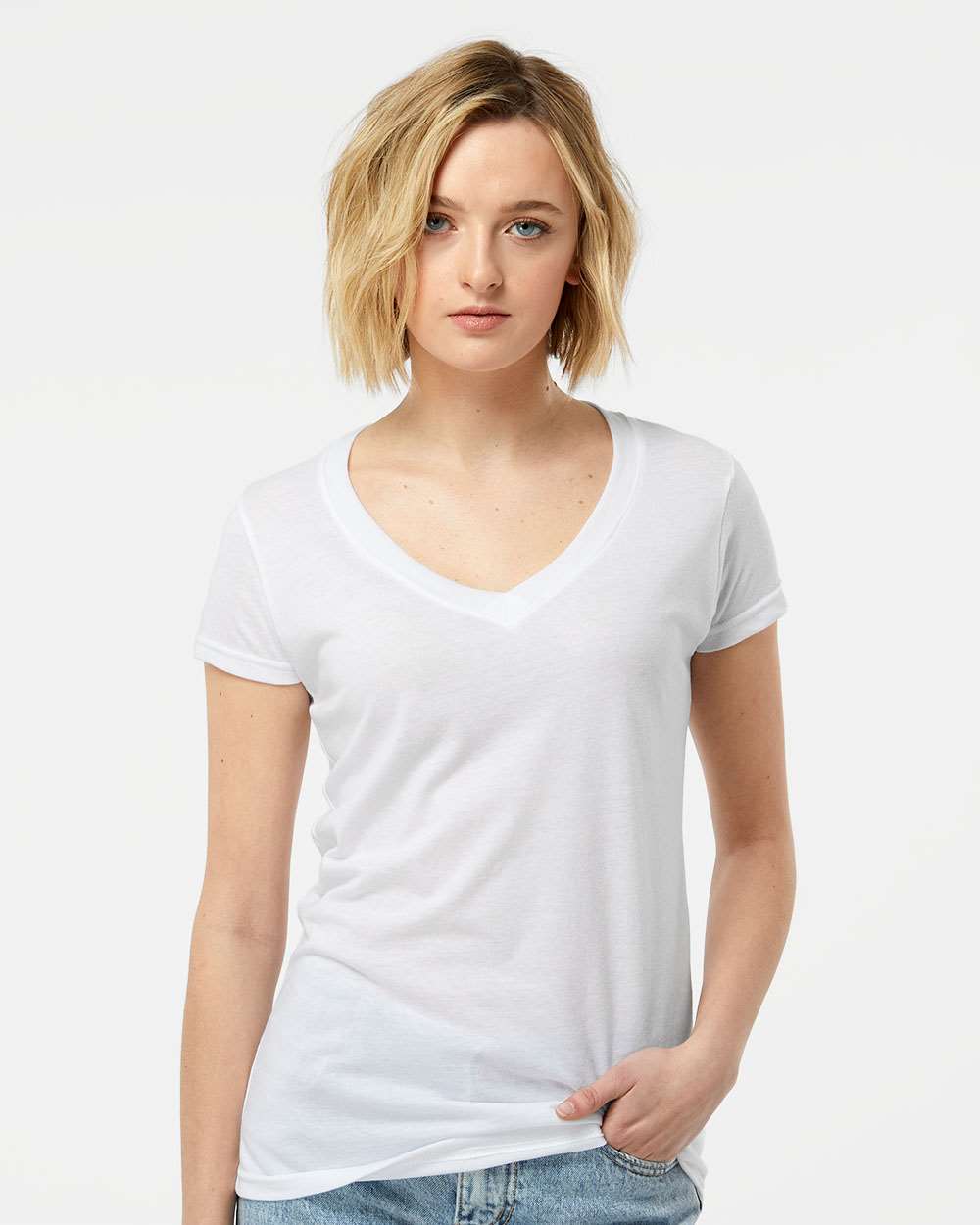 Women's Poly-Rich V-Neck T-Shirt - OnModelFront - B30259002 - White