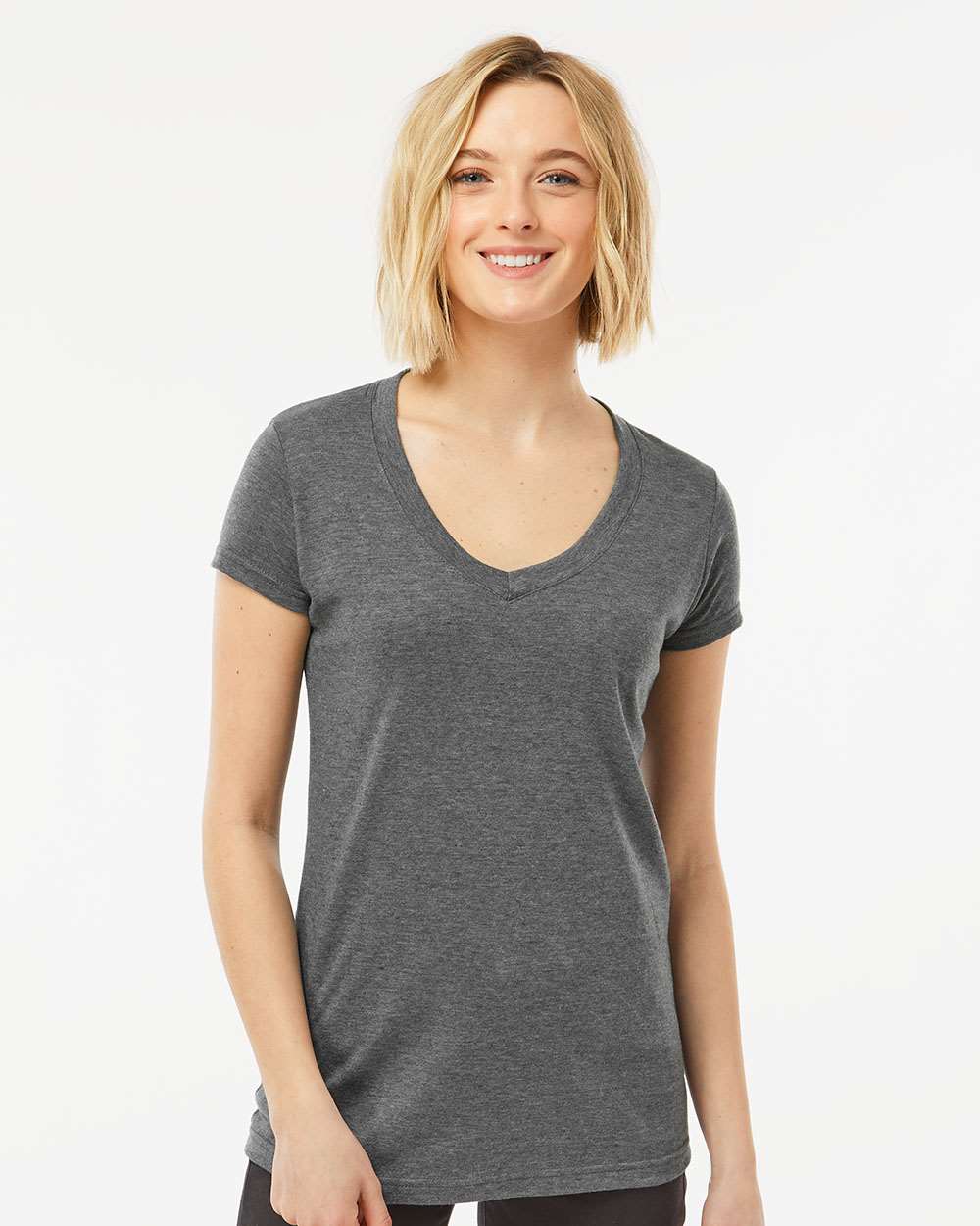 Women's Poly-Rich V-Neck T-Shirt - OnModelFront - B30259592 - Heather Charcoal