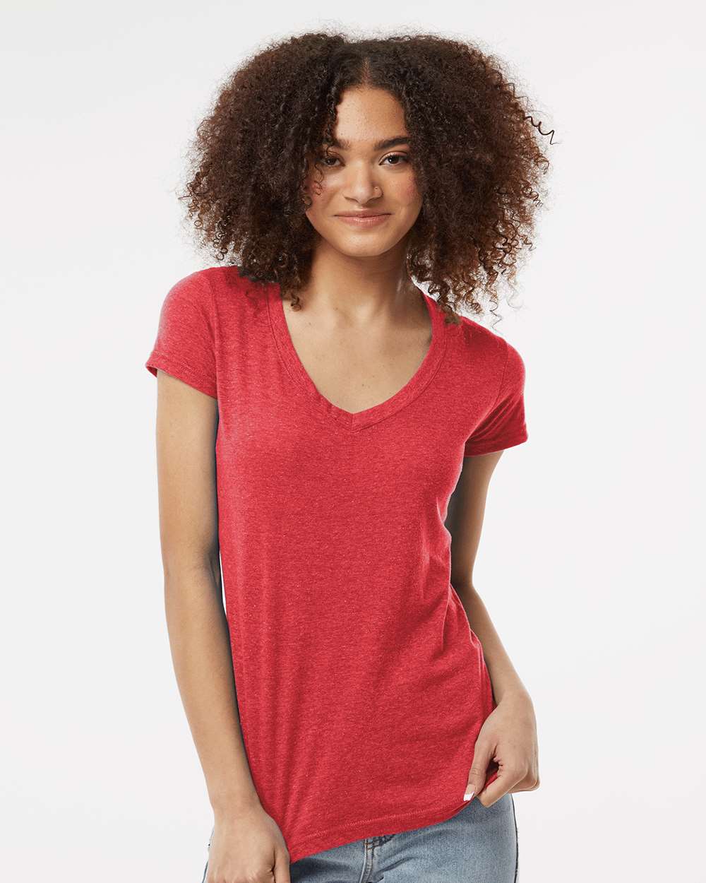 Women's Poly-Rich V-Neck T-Shirt - OnModelFront - B30259702 - Heather Red