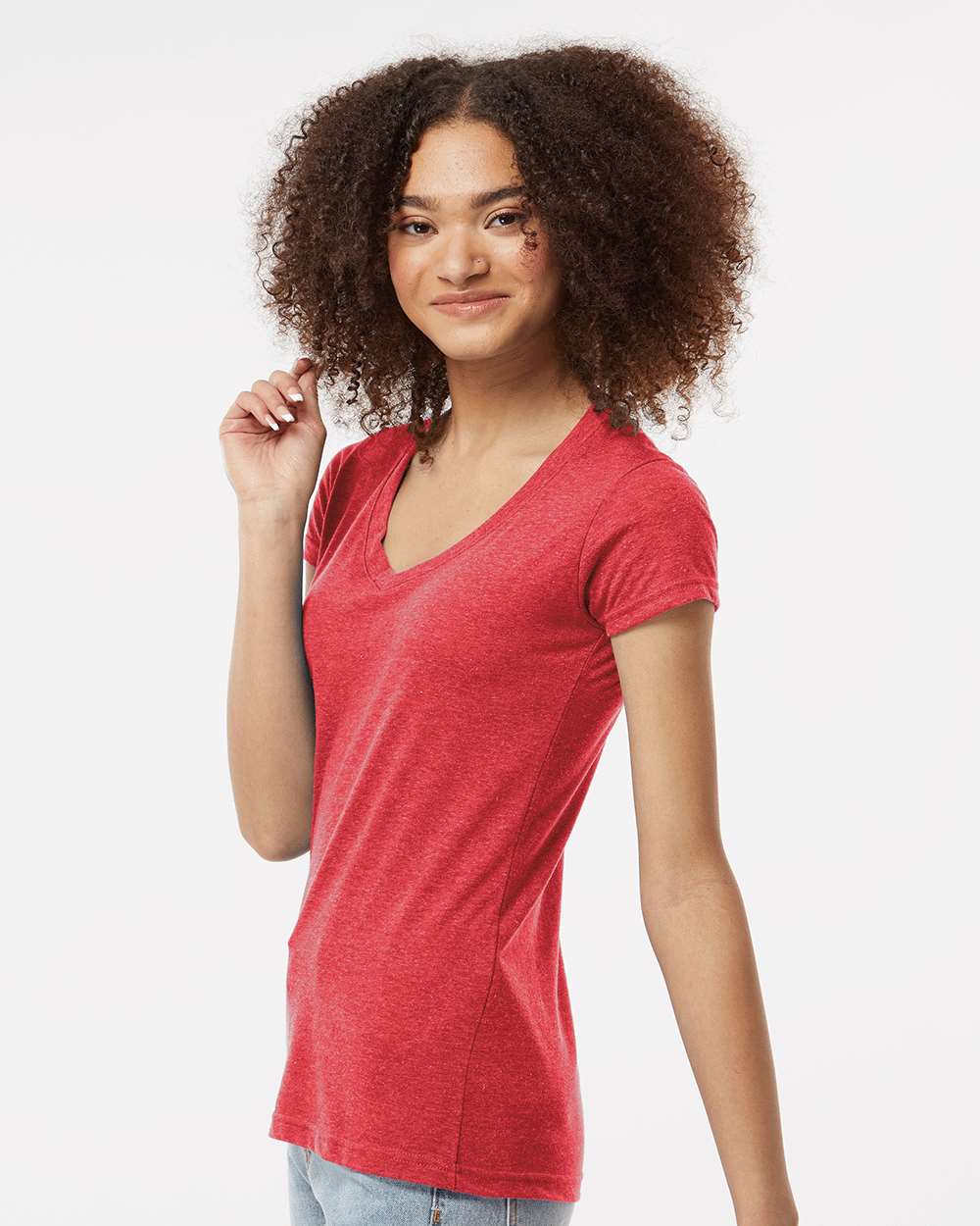 Women's Poly-Rich V-Neck T-Shirt - OnModelSide - B30259702 - Heather Red