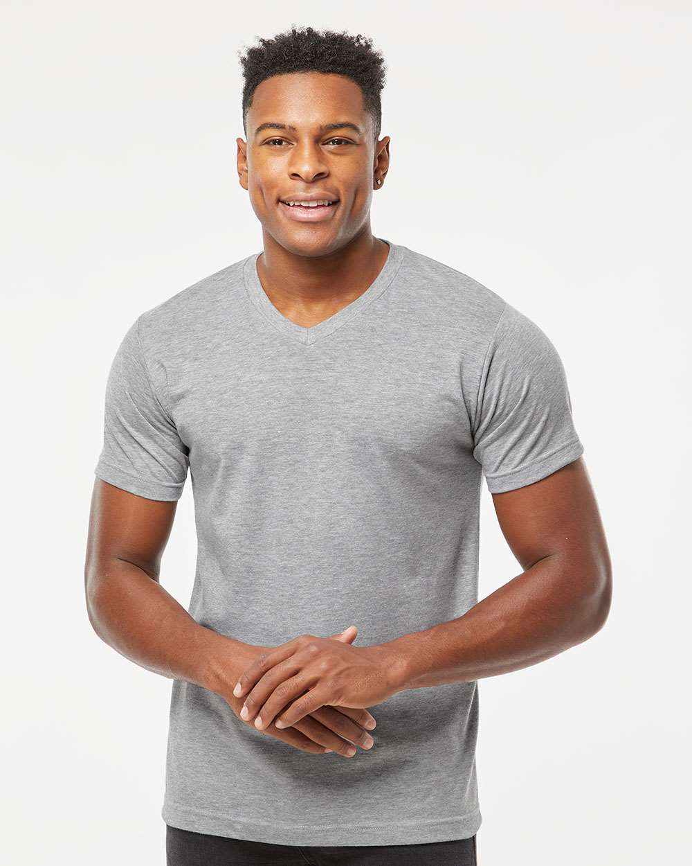Men's Poly-Rich V-Neck T-Shirt - OnModelFront - B20059092 - Heather Grey