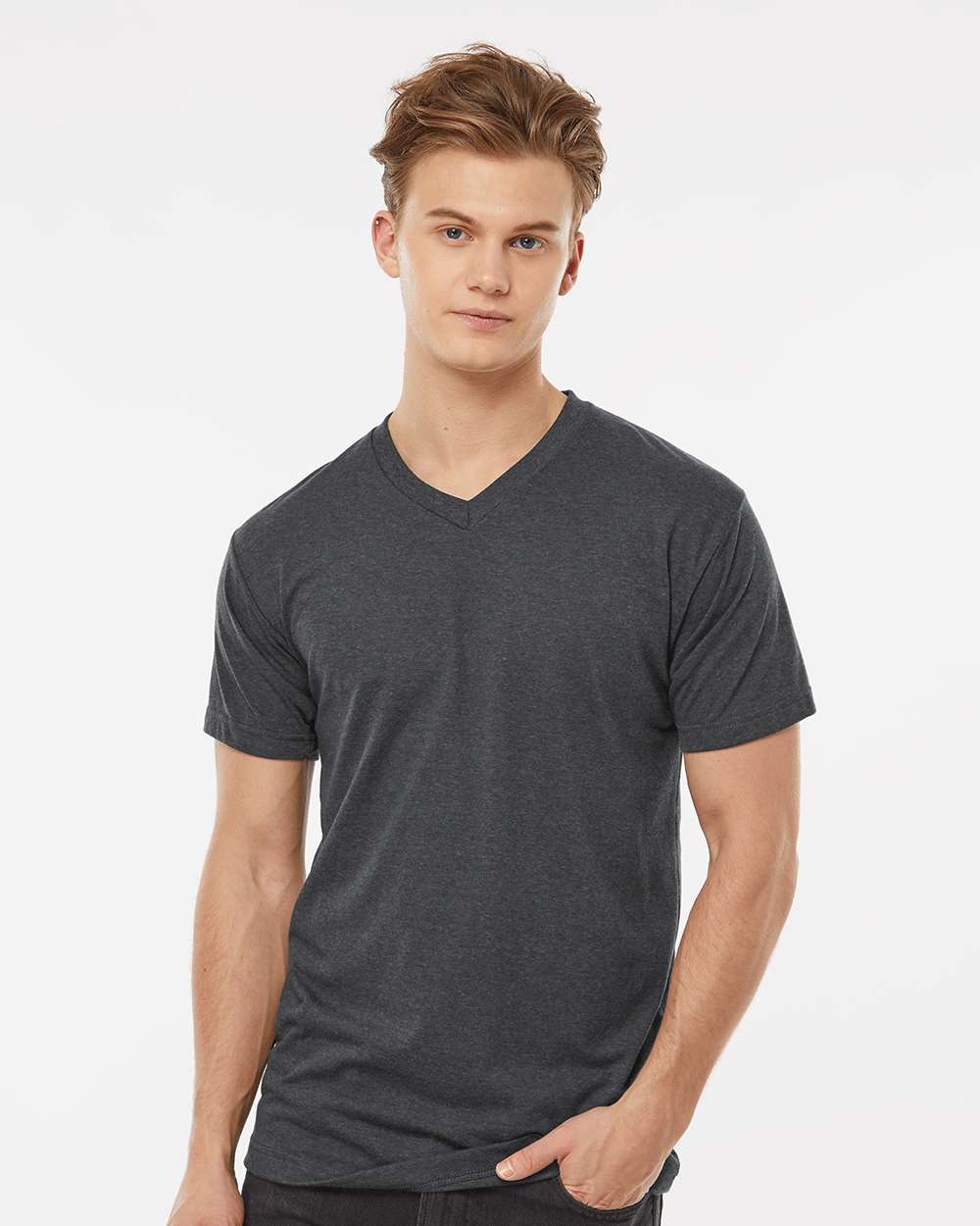 Men's Poly-Rich V-Neck T-Shirt - OnModelFront - B20059102 - Heather Charcoal
