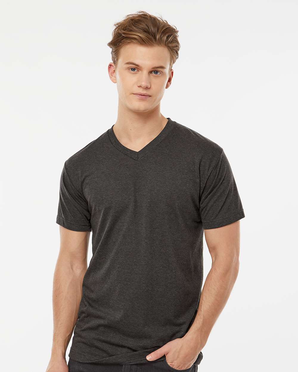 Men's Poly-Rich V-Neck T-Shirt - OnModelFront - B20059112 - Heather Graphite