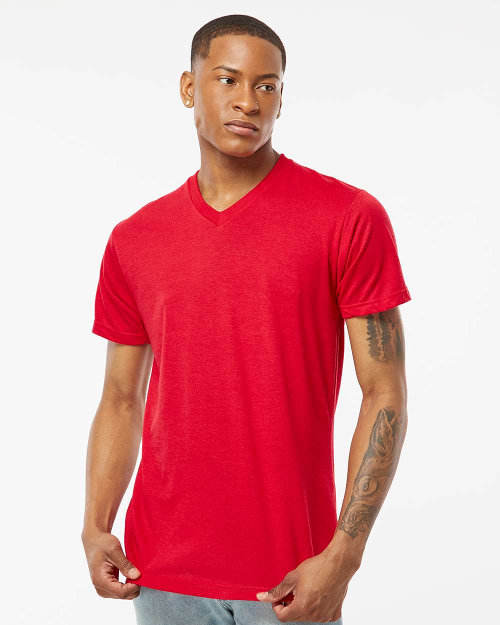 Men's Poly-Rich V-Neck T-Shirt - OnModelFront - B20059132 - Red