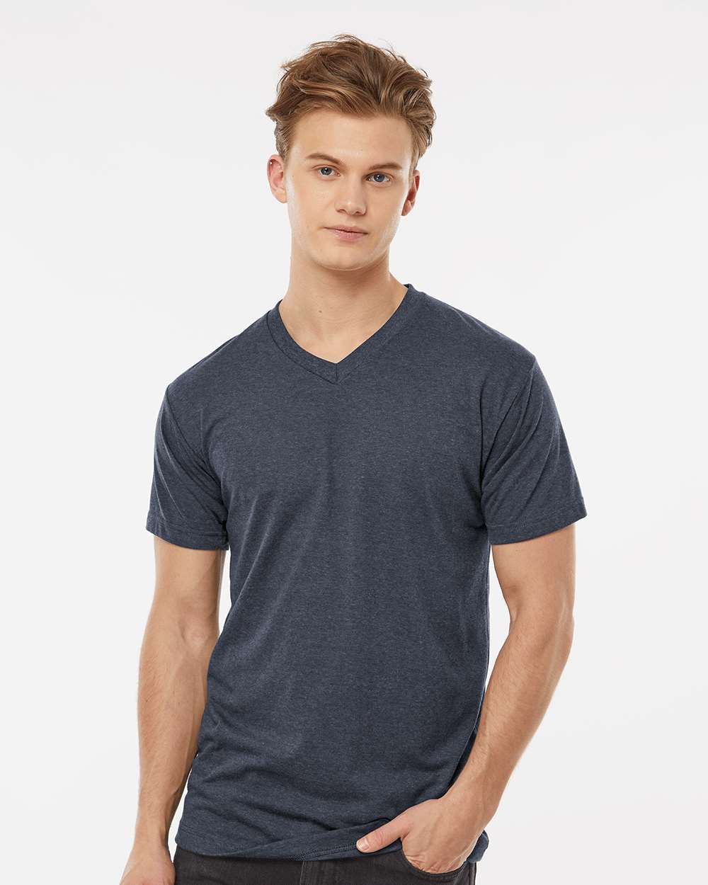 Men's Poly-Rich V-Neck T-Shirt - OnModelFront - B20059652 - Heather Navy