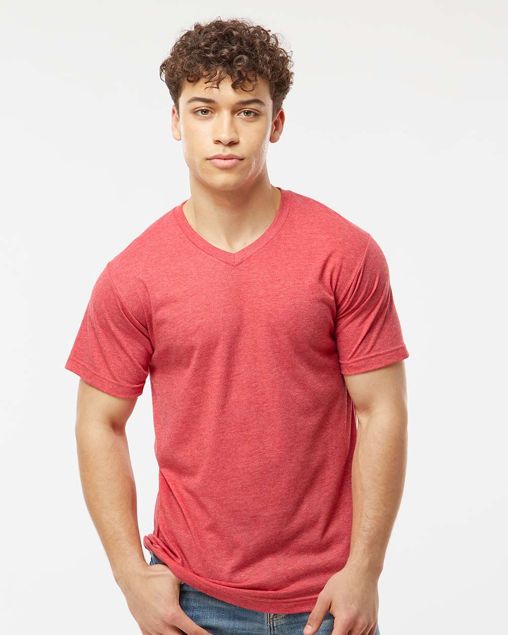 Men's Poly-Rich V-Neck T-Shirt - OnModelFront - B20059702 - Heather Red