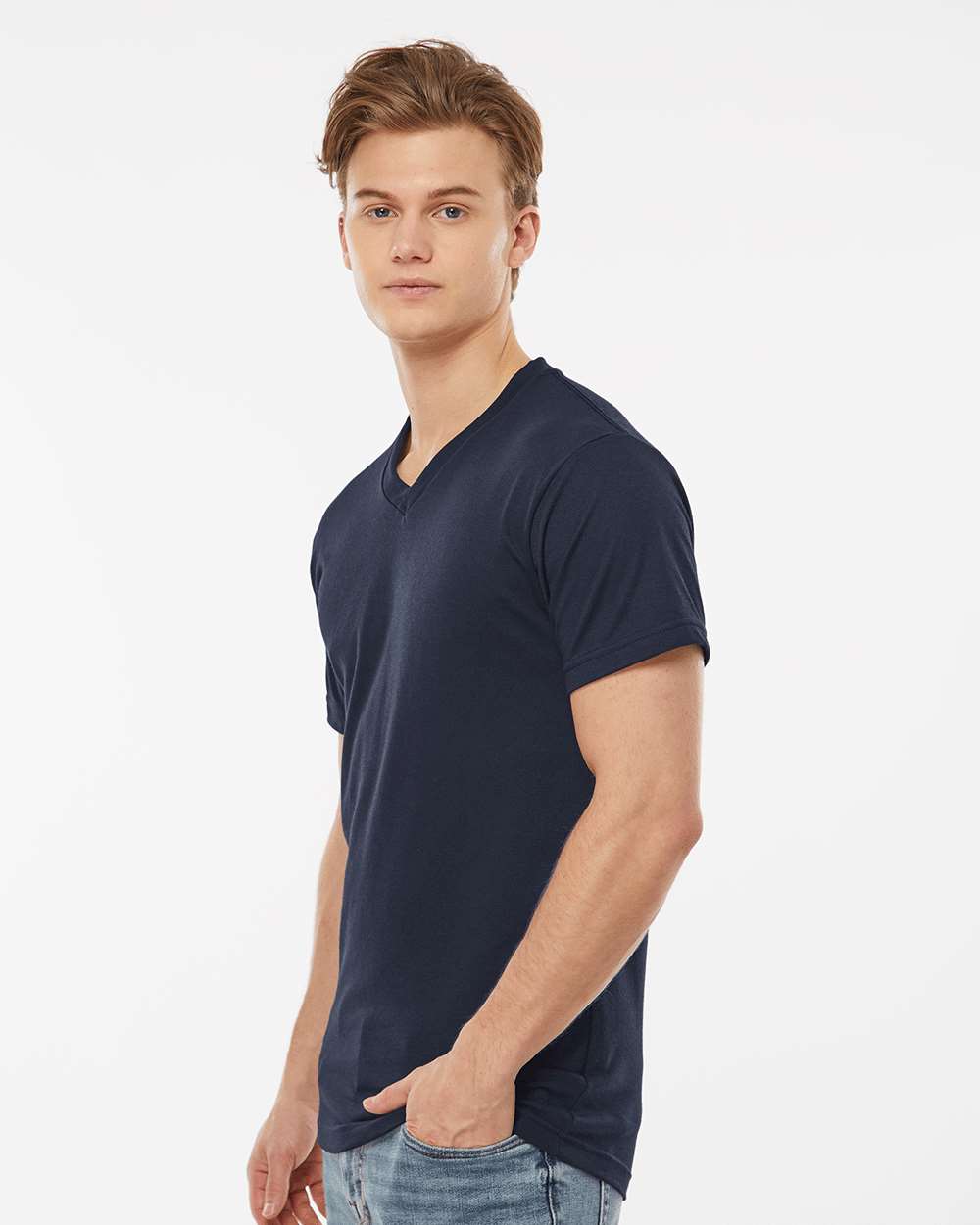 Men's Poly-Rich V-Neck T-Shirt - OnModelSide - B20059122 - Navy