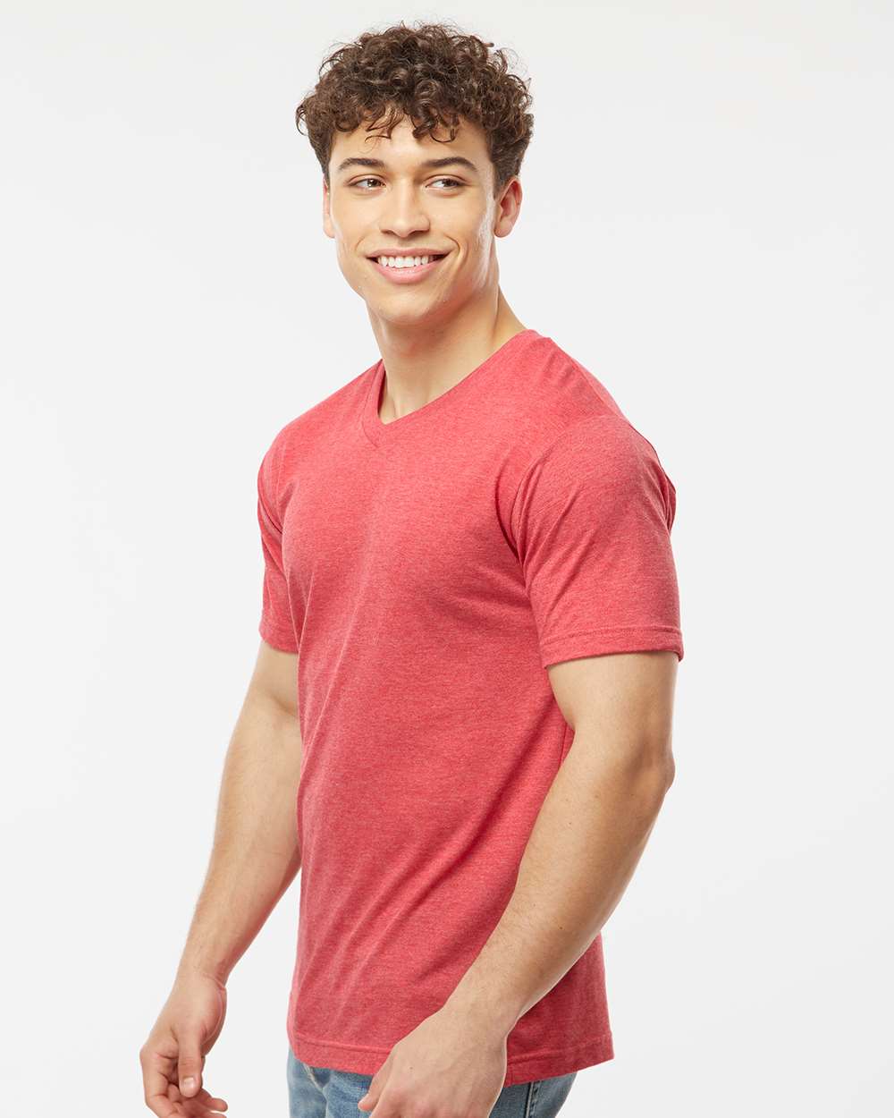 Men's Poly-Rich V-Neck T-Shirt - OnModelSide - B20059702 - Heather Red