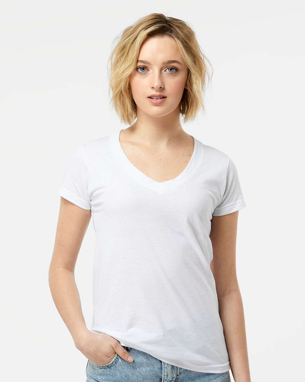 Women's Fine Jersey V-Neck T-Shirt - OnModelFront - B20259002 - White
