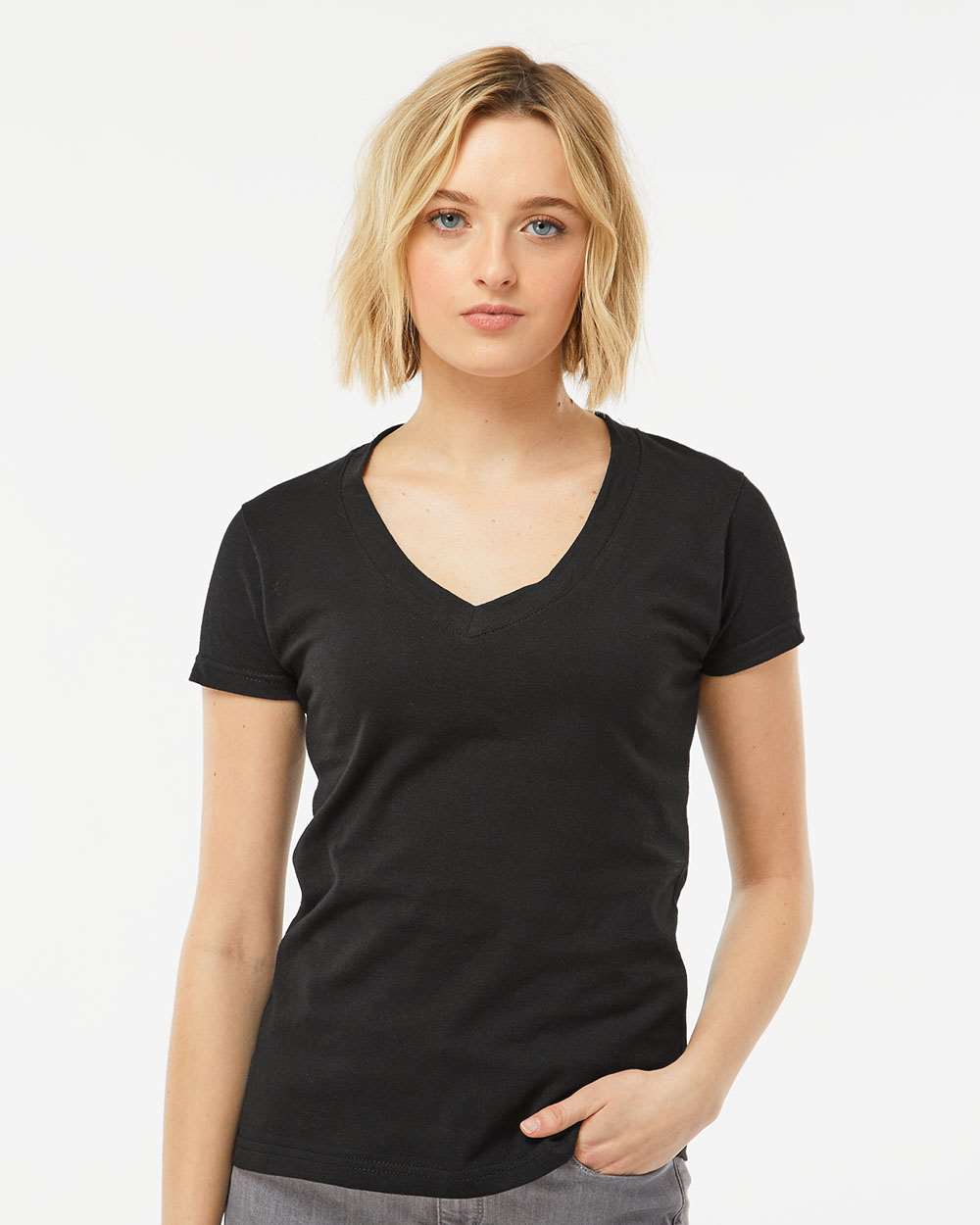 Women's Fine Jersey V-Neck T-Shirt - OnModelFront - B20259502 - Black
