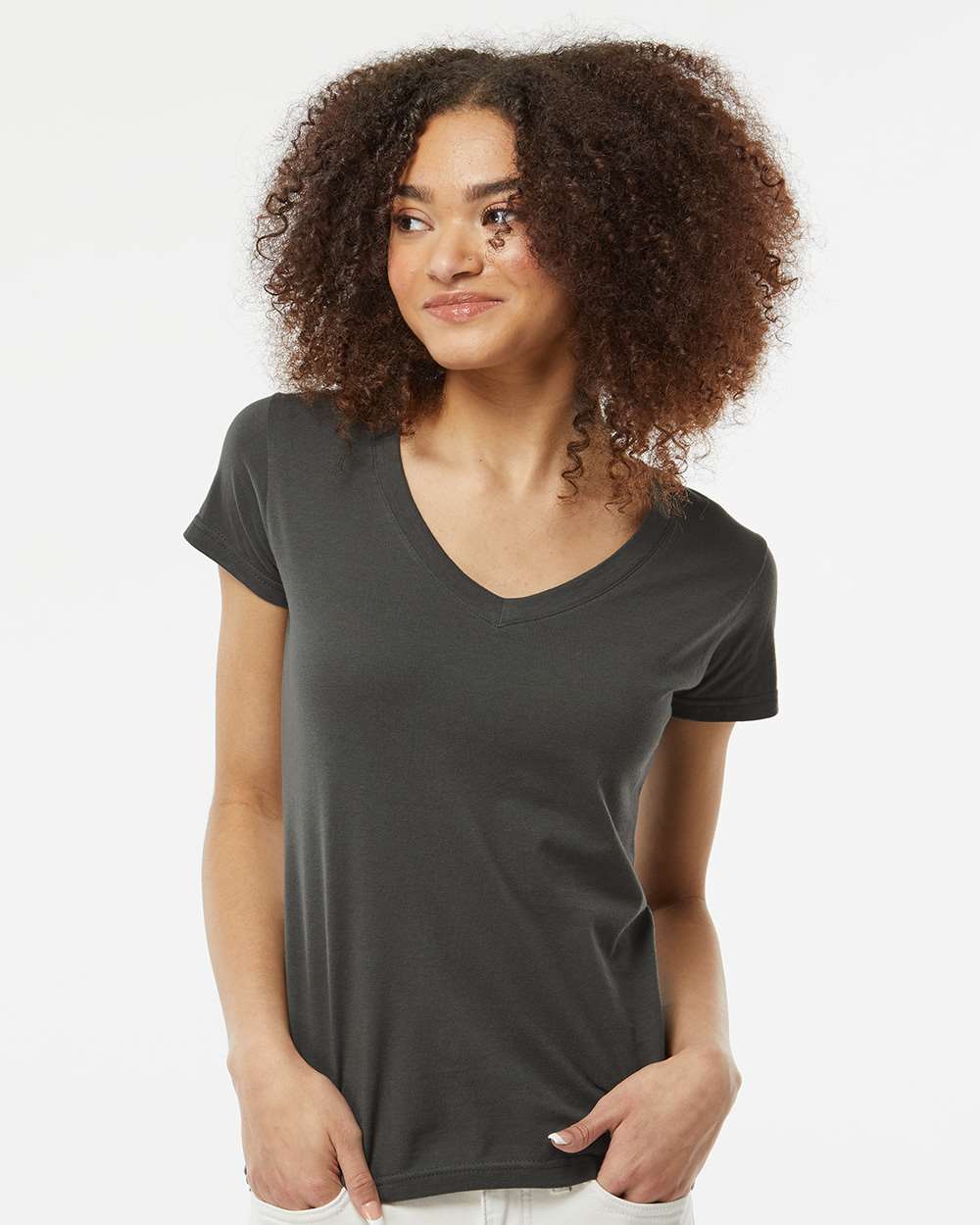 Women's Fine Jersey V-Neck T-Shirt - OnModelFront - B20259592 - Charcoal