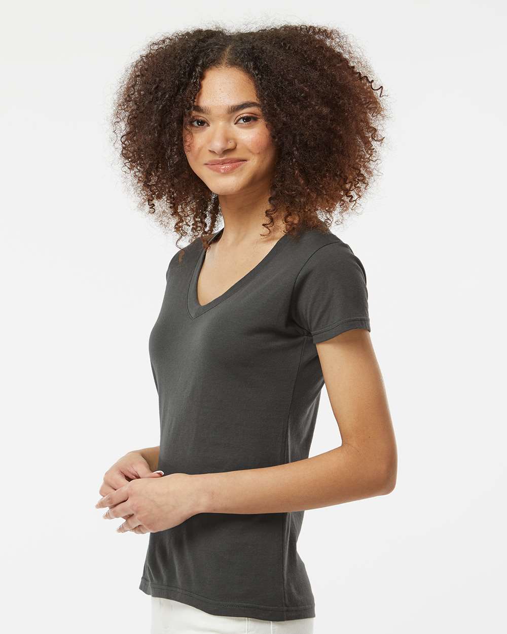 Women's Fine Jersey V-Neck T-Shirt - OnModelSide - B20259592 - Charcoal