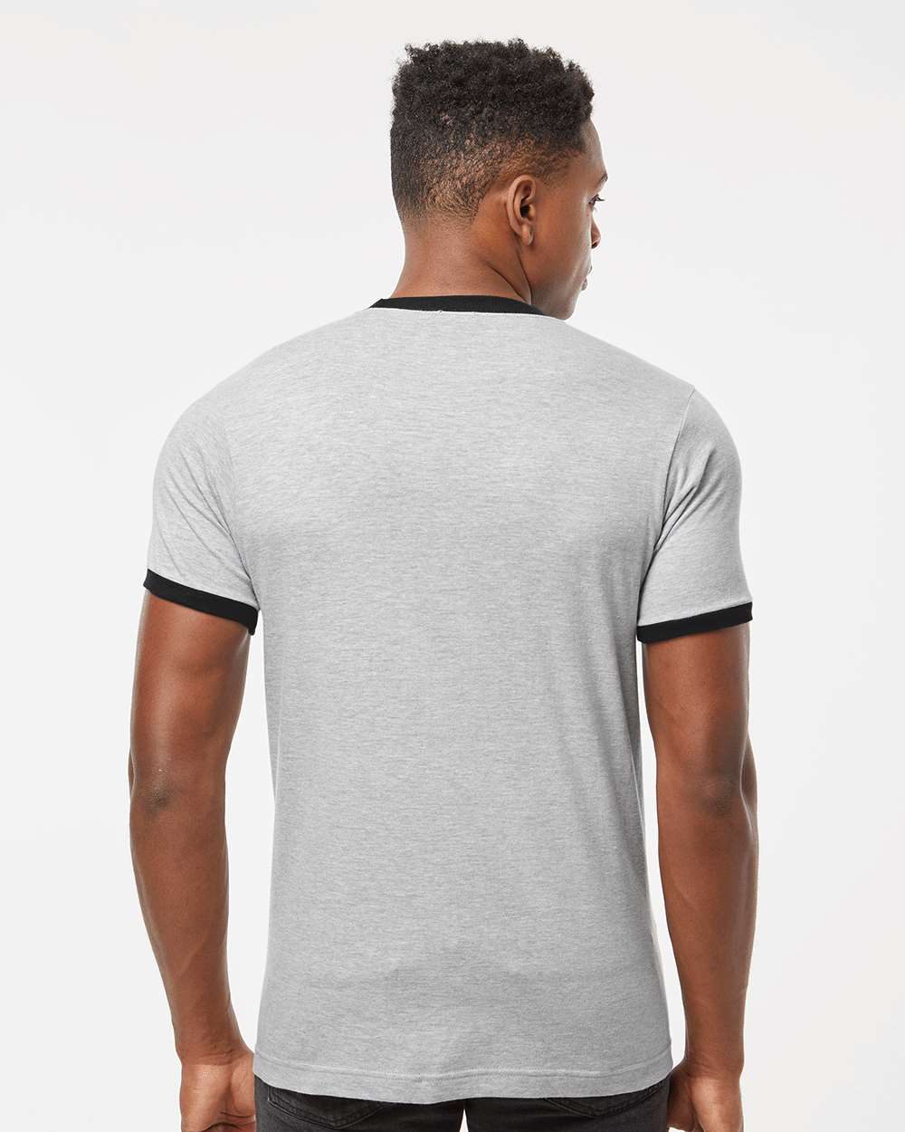 Unisex Fine Jersey Ringer T-Shirt - OnModelBack - B30459092 - Heather Grey/ Black