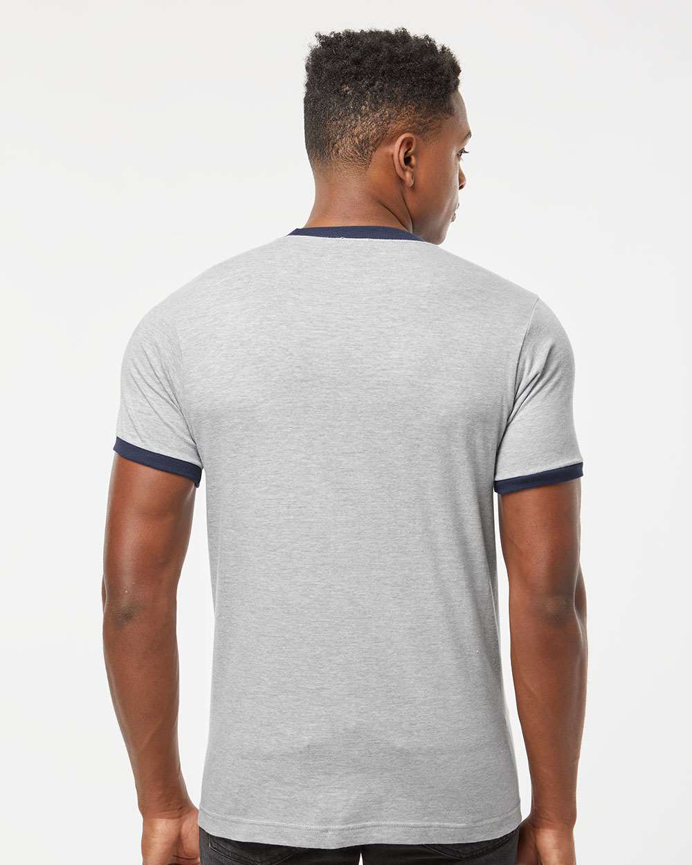 Unisex Fine Jersey Ringer T-Shirt - OnModelBack - B30459102 - Heather Grey/ Navy