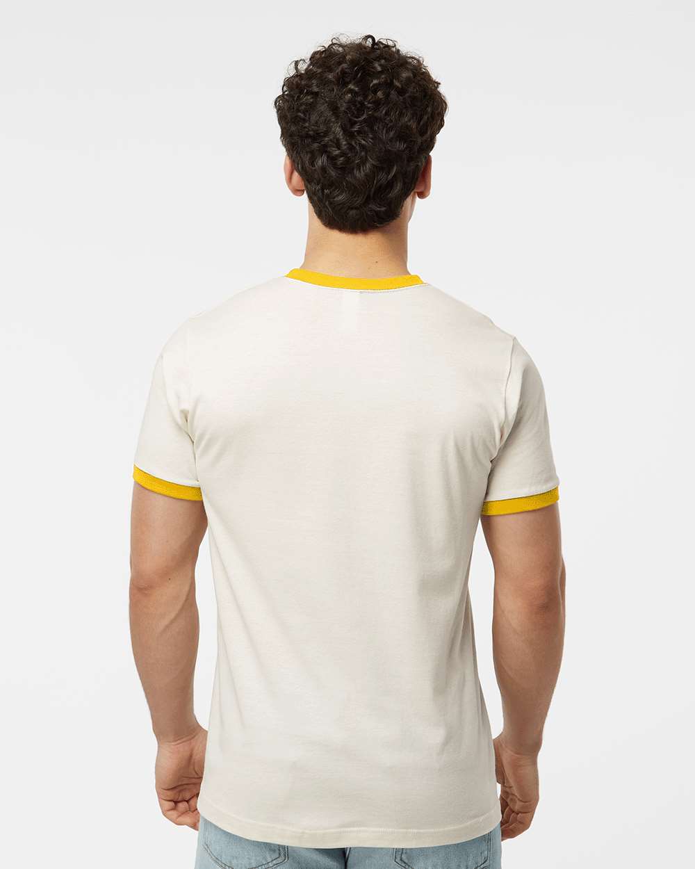 Unisex Fine Jersey Ringer T-Shirt - OnModelBack - B30459122 - Vintage White/ Mellow Yellow