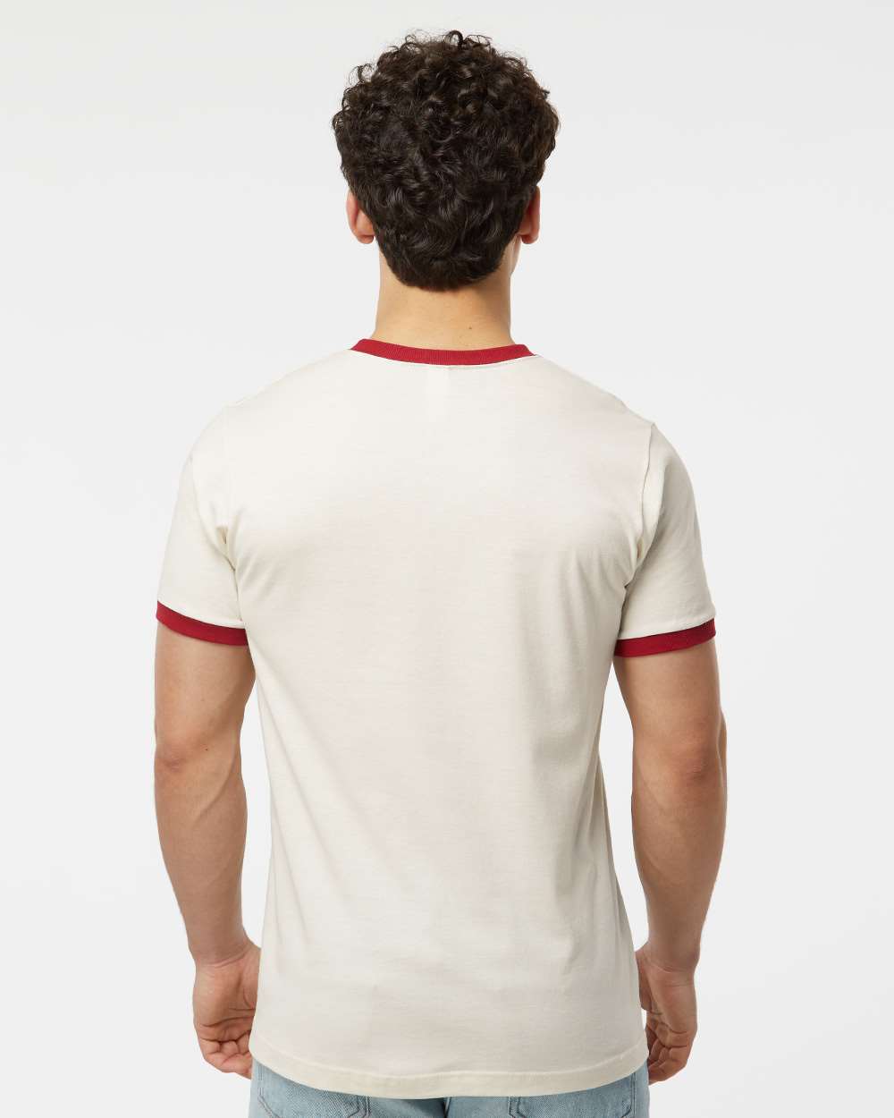 Unisex Fine Jersey Ringer T-Shirt - OnModelBack - B30459242 - Vintage White/ Rio Red