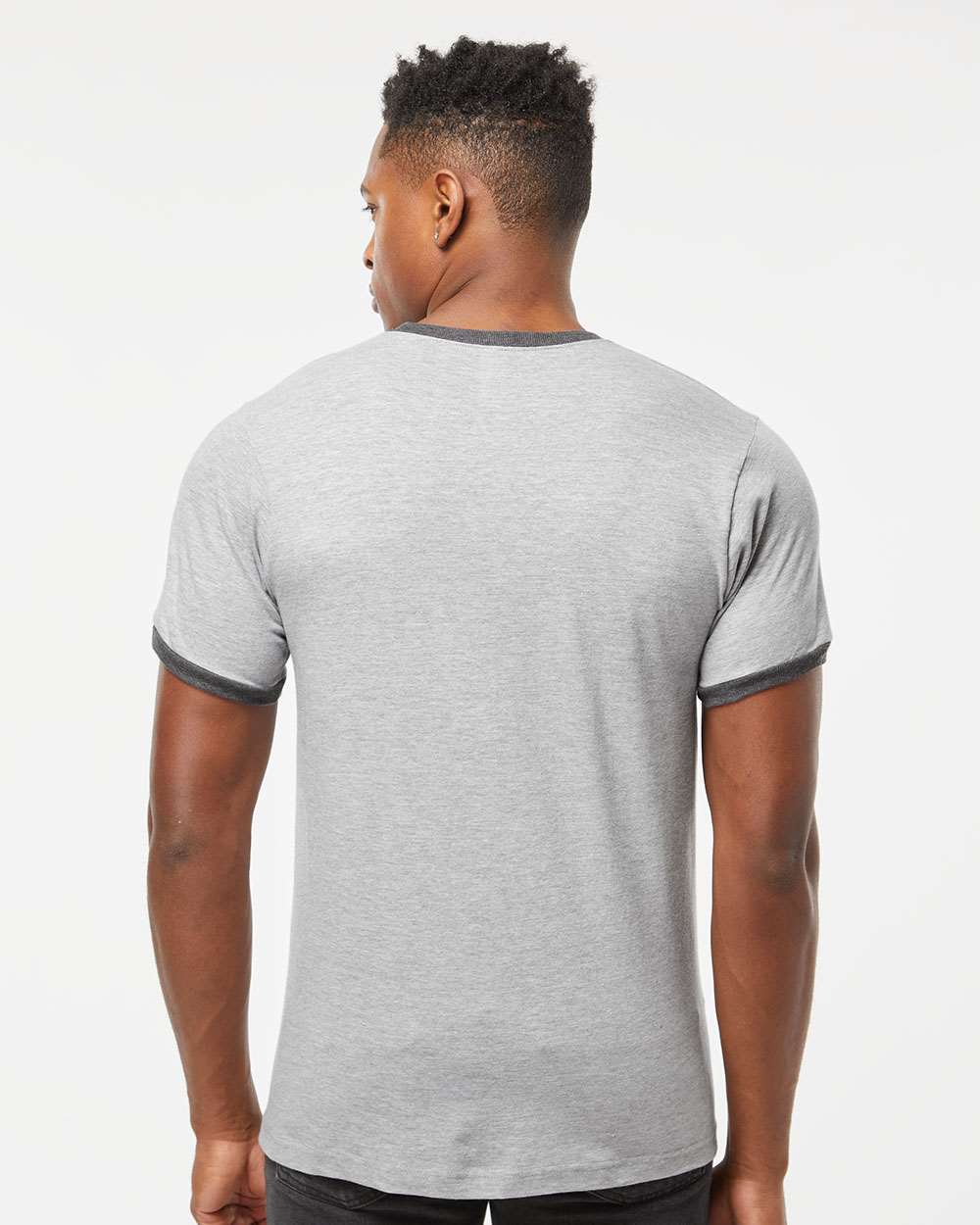 Unisex Fine Jersey Ringer T-Shirt - OnModelBack - B30459582 - Heather Grey/ Heather Charcoal