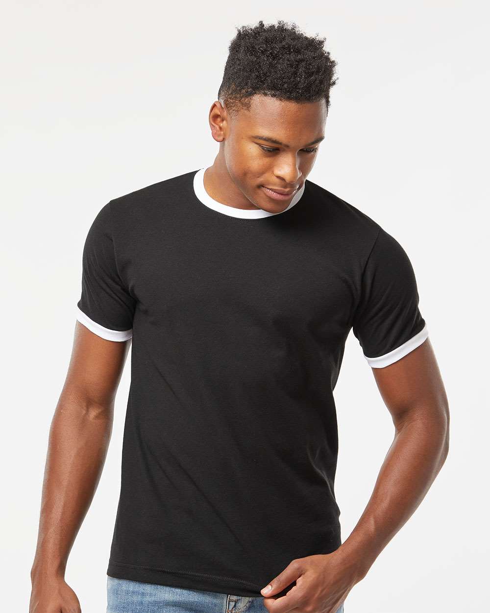 Unisex Fine Jersey Ringer T-Shirt - OnModelFront - B30459002 - Black/ White