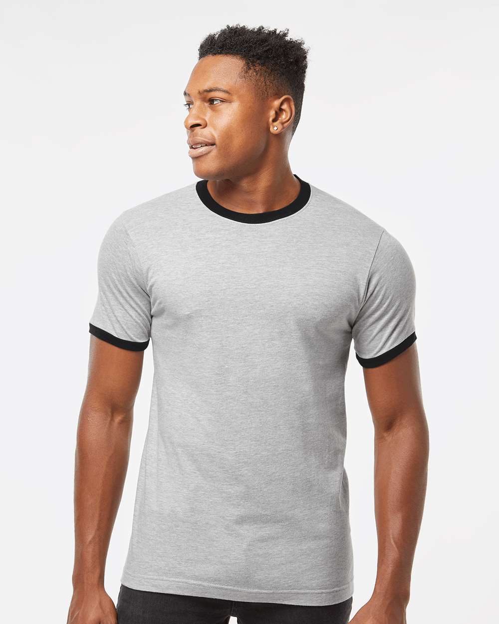 Unisex Fine Jersey Ringer T-Shirt - OnModelFront - B30459092 - Heather Grey/ Black