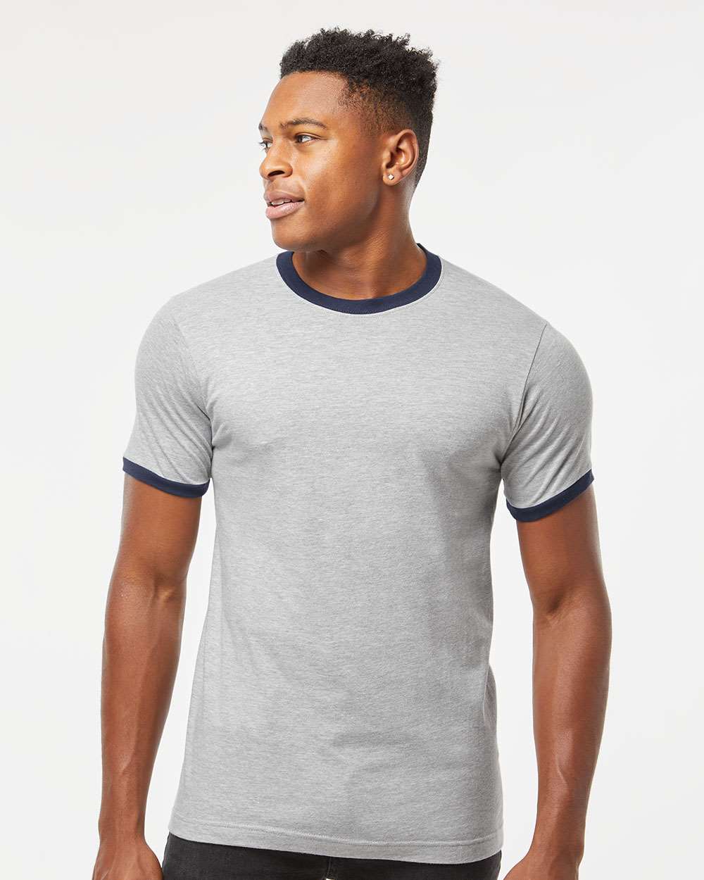 Unisex Fine Jersey Ringer T-Shirt - OnModelFront - B30459102 - Heather Grey/ Navy