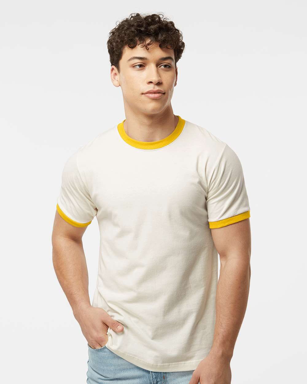 Unisex Fine Jersey Ringer T-Shirt - OnModelFront - B30459122 - Vintage White/ Mellow Yellow