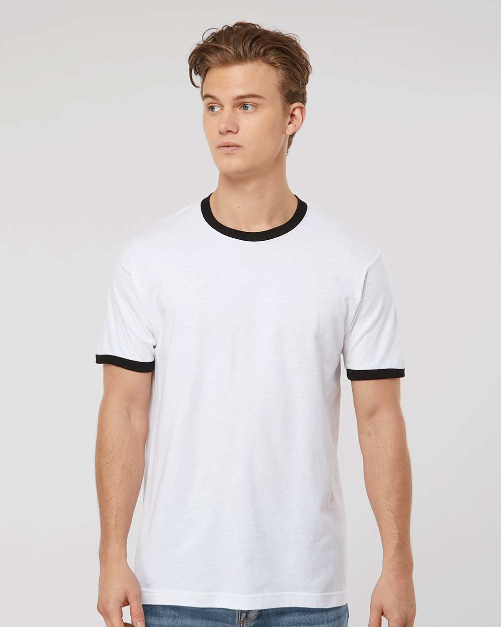Unisex Fine Jersey Ringer T-Shirt - OnModelFront - B30459132 - White/ Black
