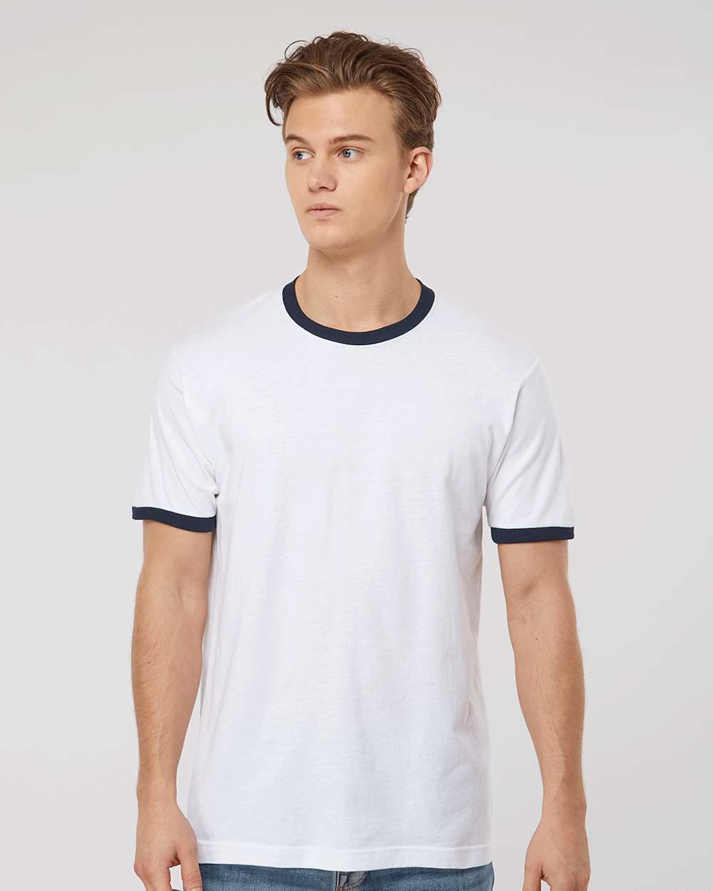 Unisex Fine Jersey Ringer T-Shirt - OnModelFront - B30459142 - White/ Navy