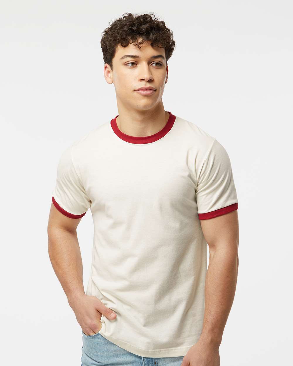 Unisex Fine Jersey Ringer T-Shirt - OnModelFront - B30459242 - Vintage White/ Rio Red