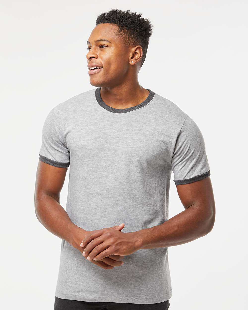 Unisex Fine Jersey Ringer T-Shirt - OnModelFront - B30459582 - Heather Grey/ Heather Charcoal