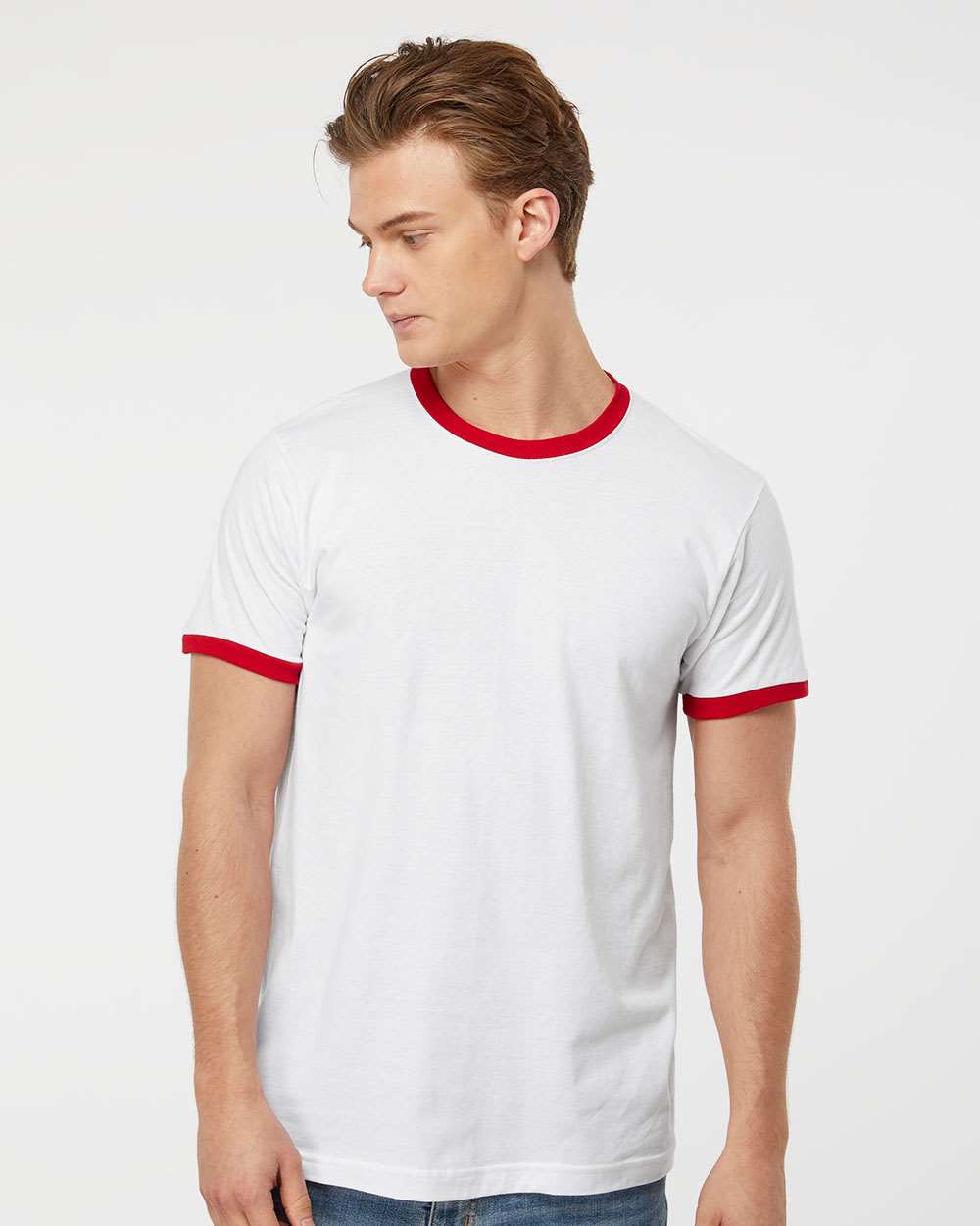 Unisex Fine Jersey Ringer T-Shirt - OnModelFront - B30459702 - White/ Red