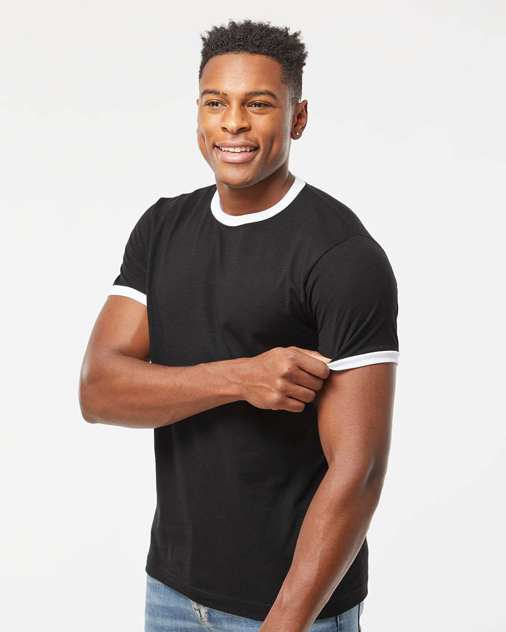 Unisex Fine Jersey Ringer T-Shirt - OnModelSide - B30459002 - Black/ White