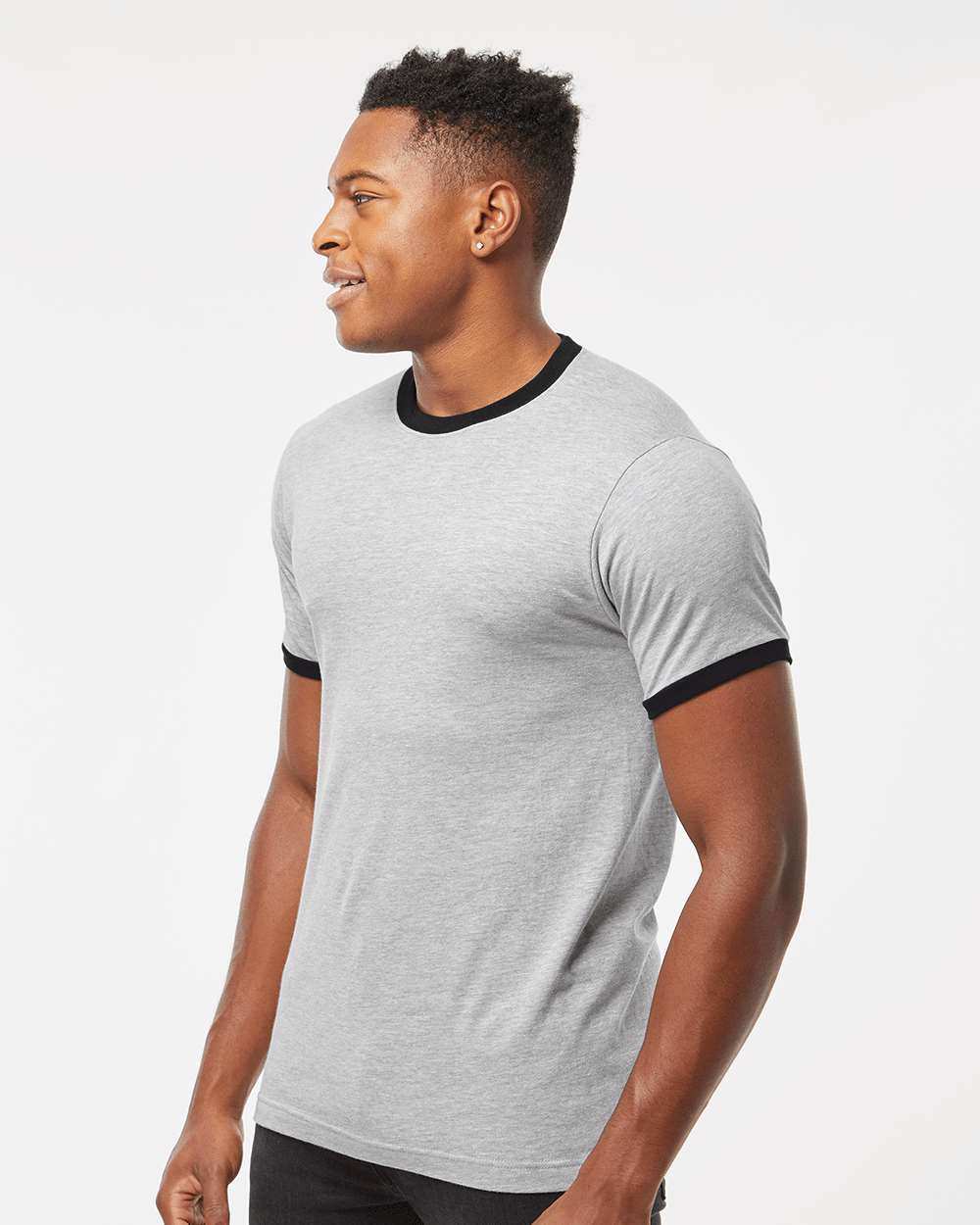 Unisex Fine Jersey Ringer T-Shirt - OnModelSide - B30459092 - Heather Grey/ Black