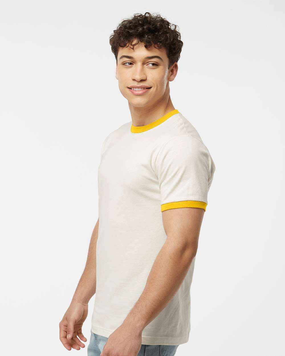 Unisex Fine Jersey Ringer T-Shirt - OnModelSide - B30459122 - Vintage White/ Mellow Yellow
